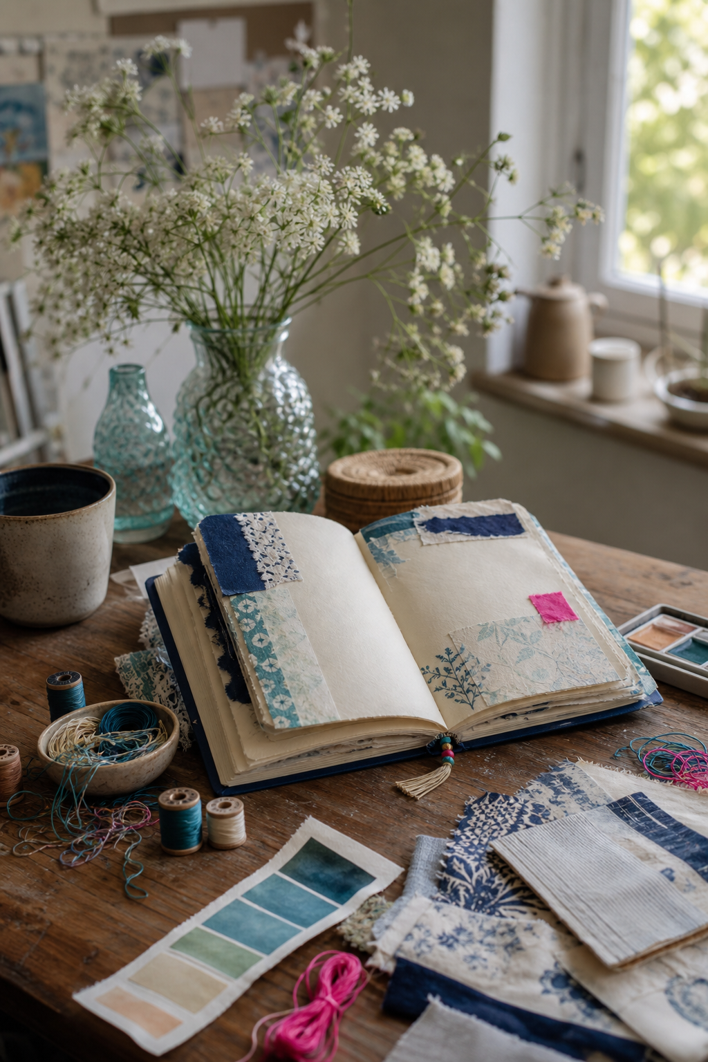 Bright but balanced blue cream teal and pink handmade journal spread
