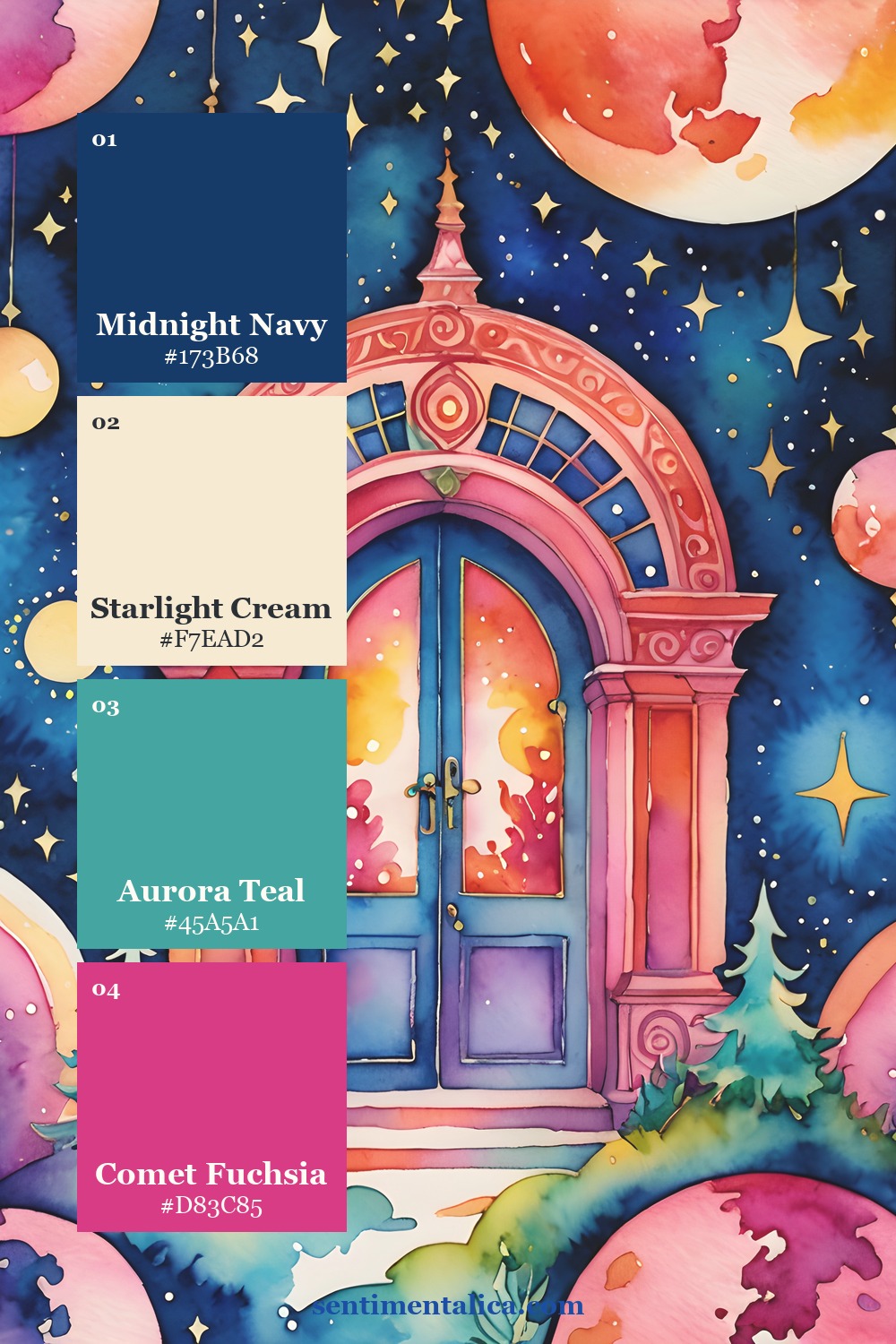 Bright Rainbow page with navy cream teal and fuchsia palette swatches