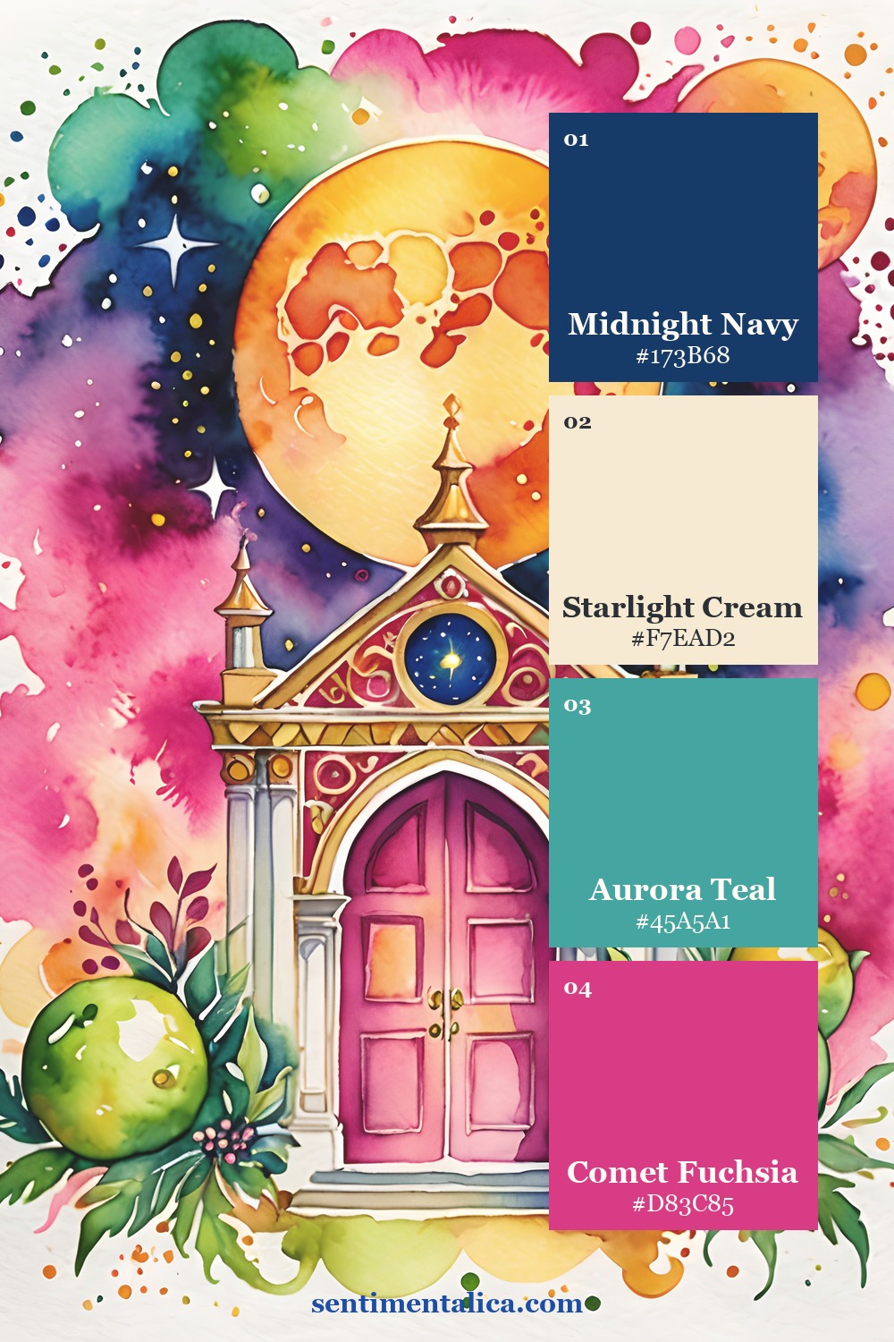 Bright Rainbow watercolor doorway with four curated color swatches