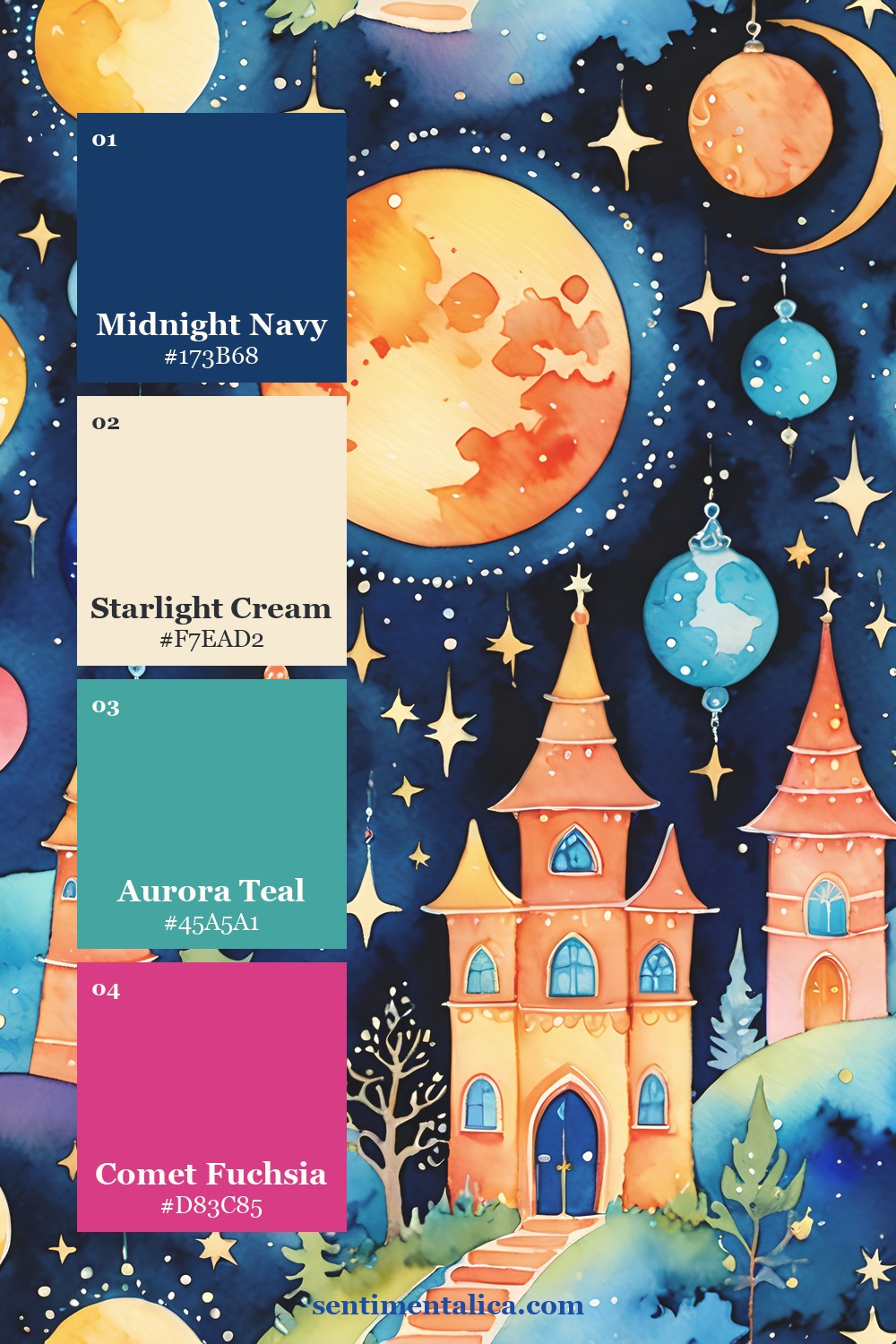 Bright Rainbow celestial castle with navy cream teal and fuchsia swatches