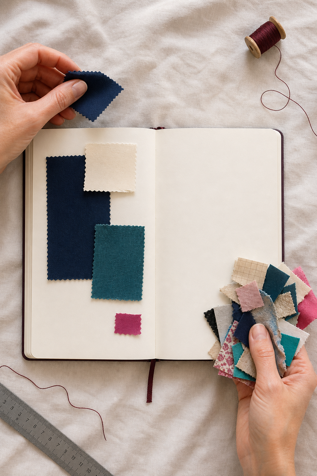 Hands removing extra scraps from a controlled bright journal palette