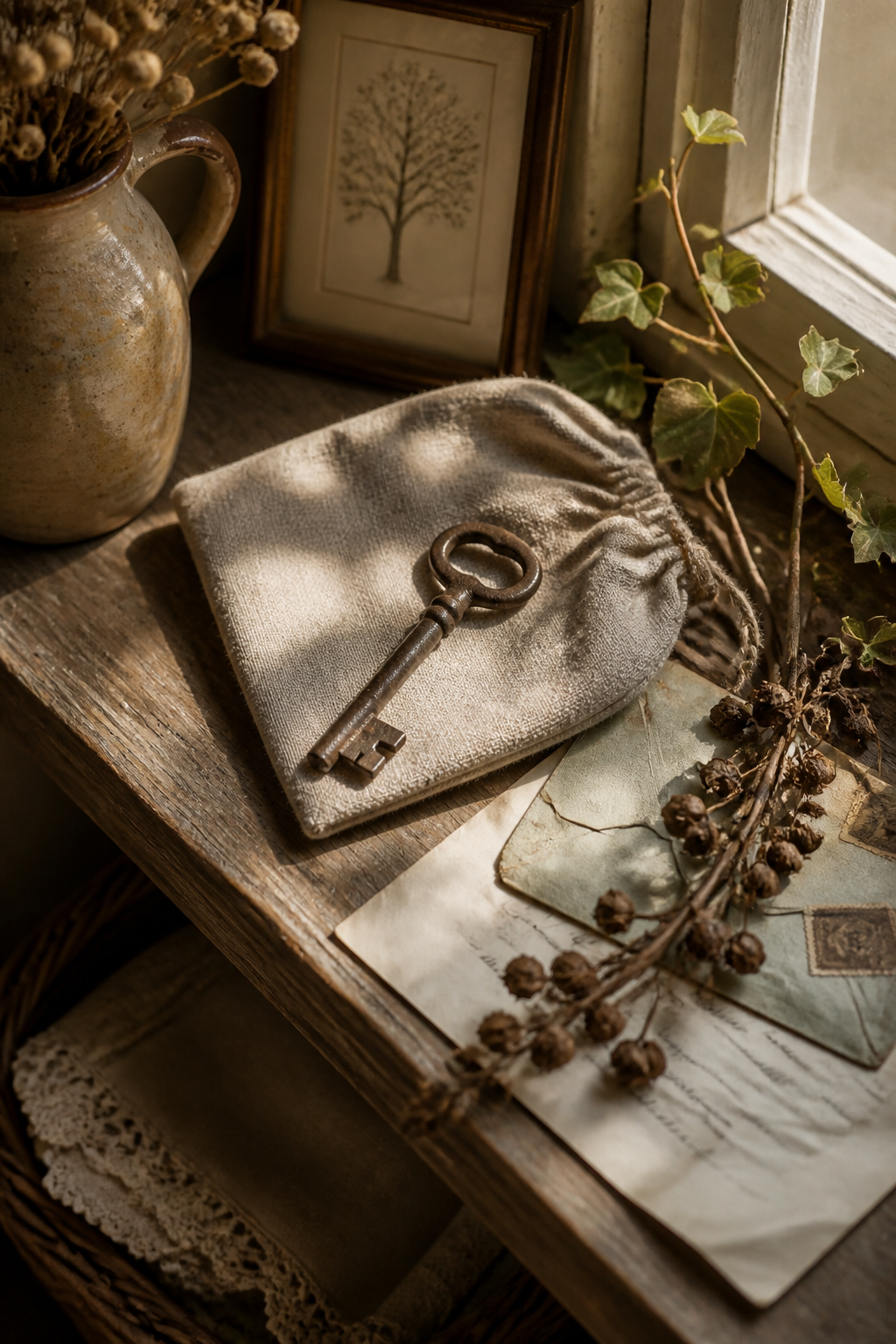 Antique key on a linen pouch beside old correspondence, ivy, and warm window light