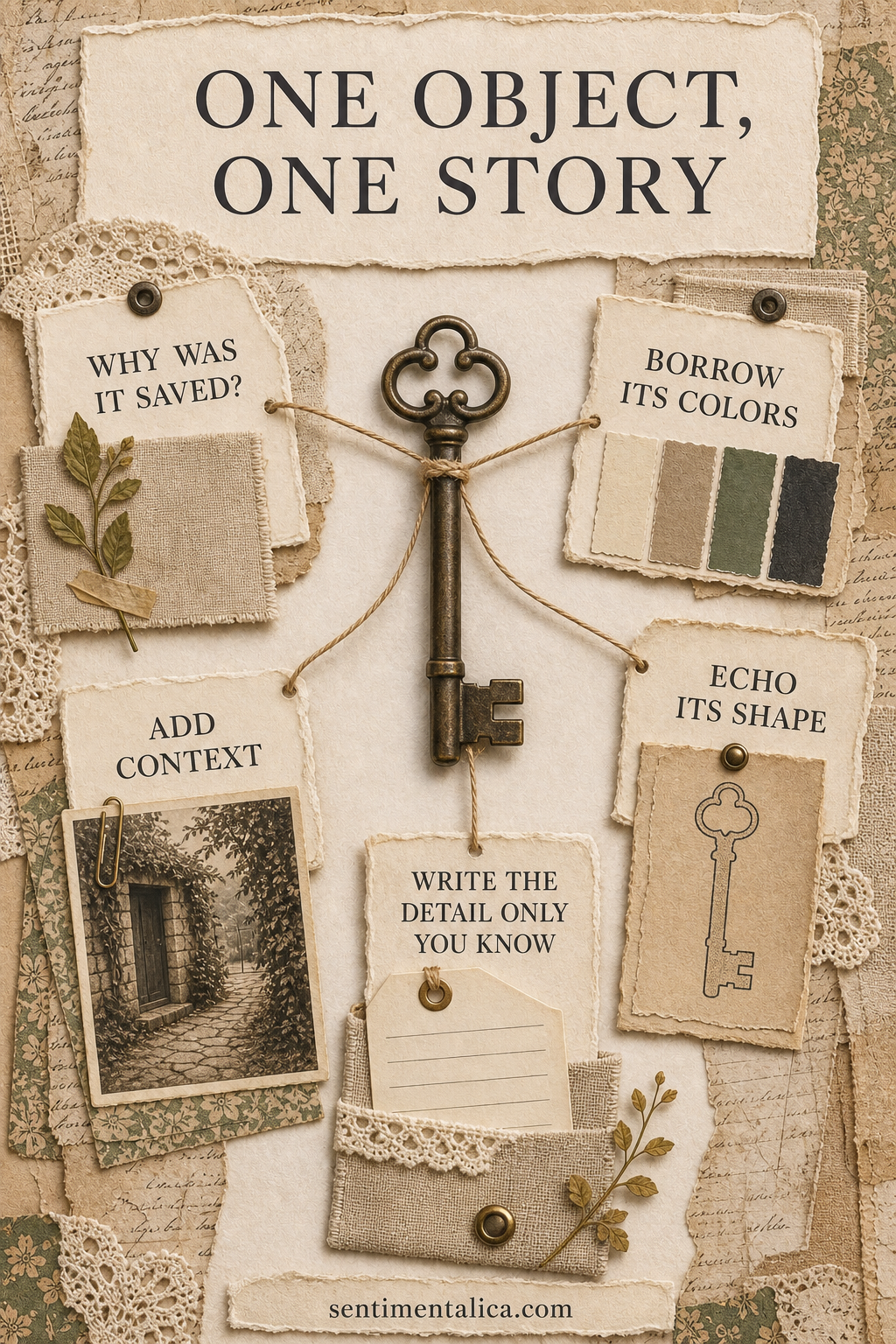 Infographic showing how one saved object can guide color, shape, context, and personal journaling
