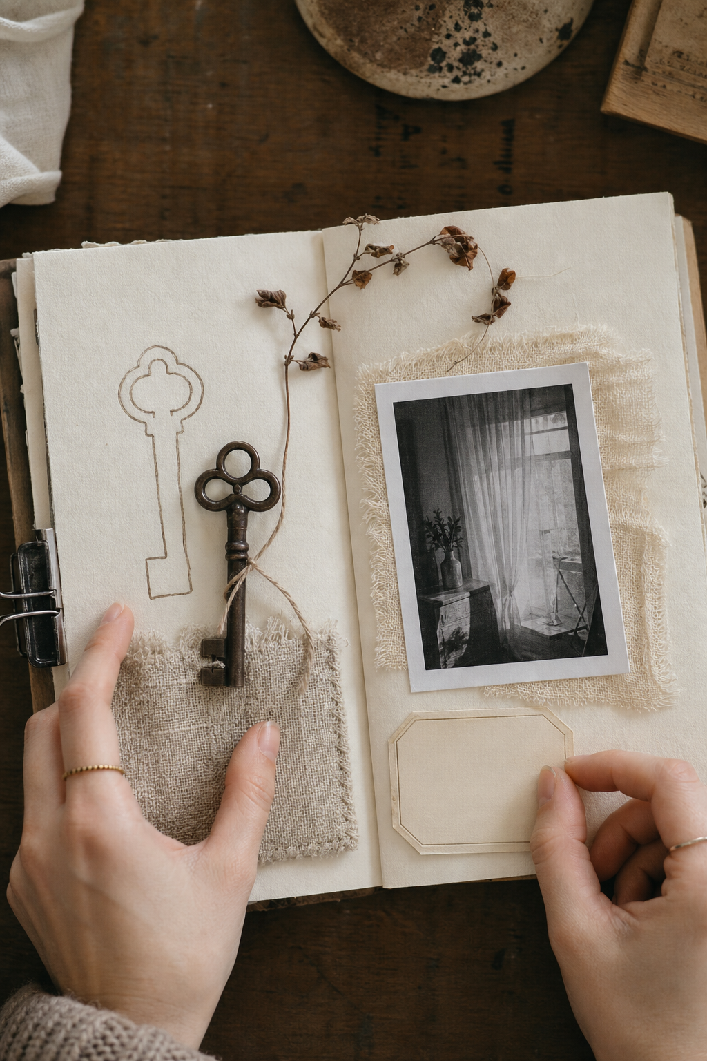 Hands arranging an antique key, traced key silhouette, photograph, linen, and label in a scrapbook