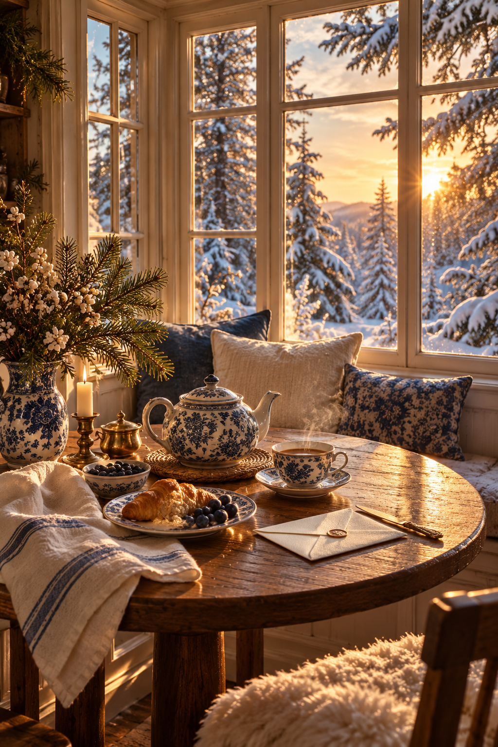Illustrative winter atmosphere with layered cottage textures and warm light