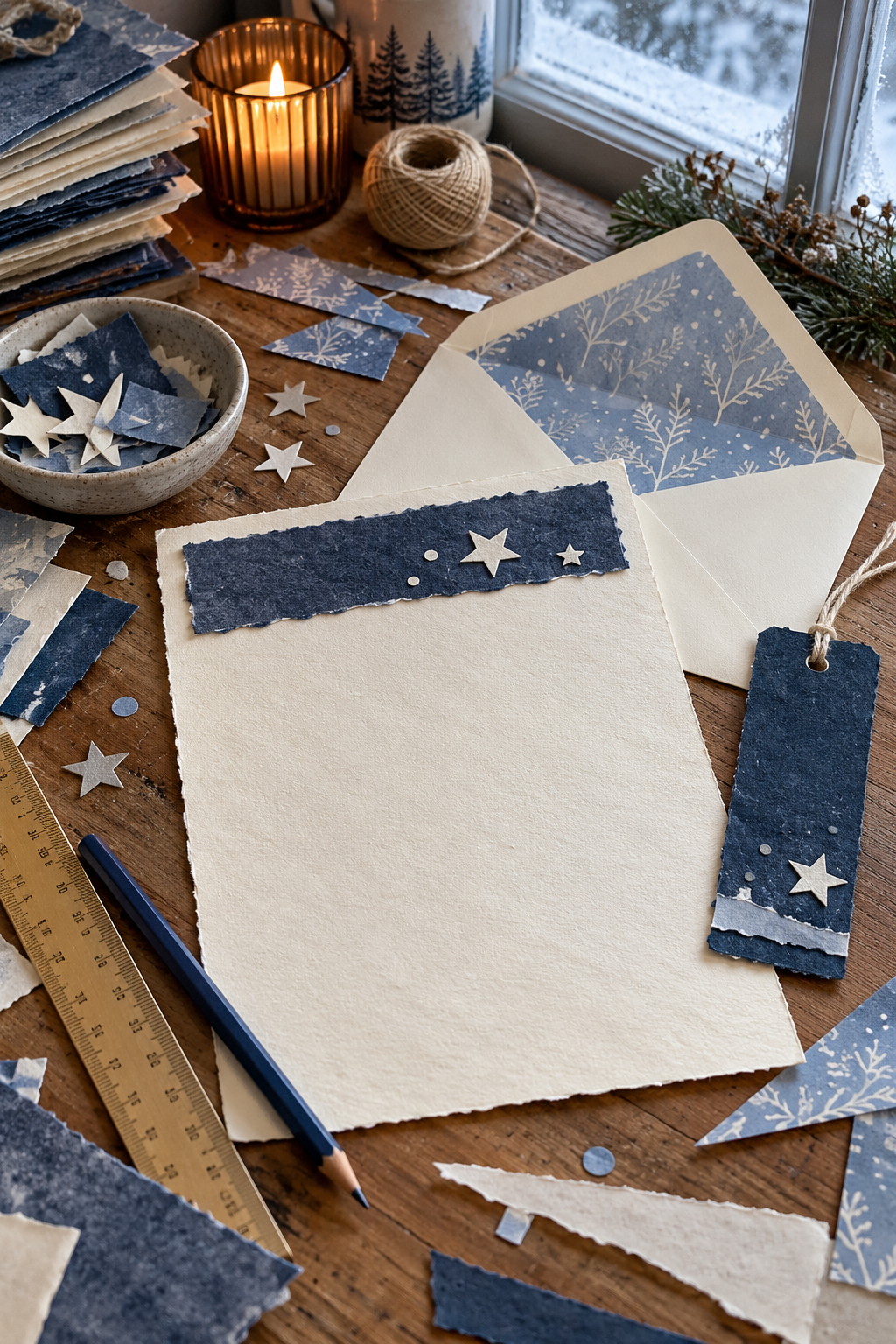 Illustrative letter making desk with a plain envelope paper and measuring tools