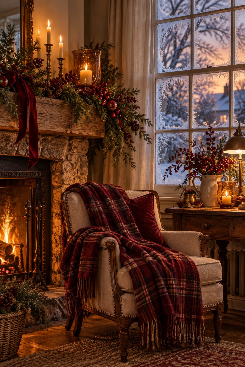 Illustrative winter atmosphere with layered cottage textures and warm light