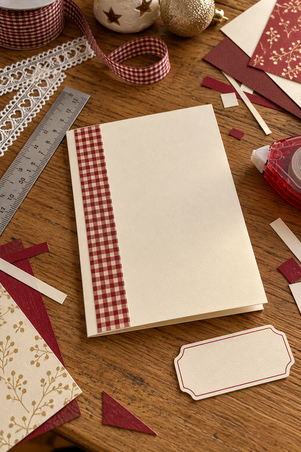 Illustrative Christmas card making workspace with plain paper and tools