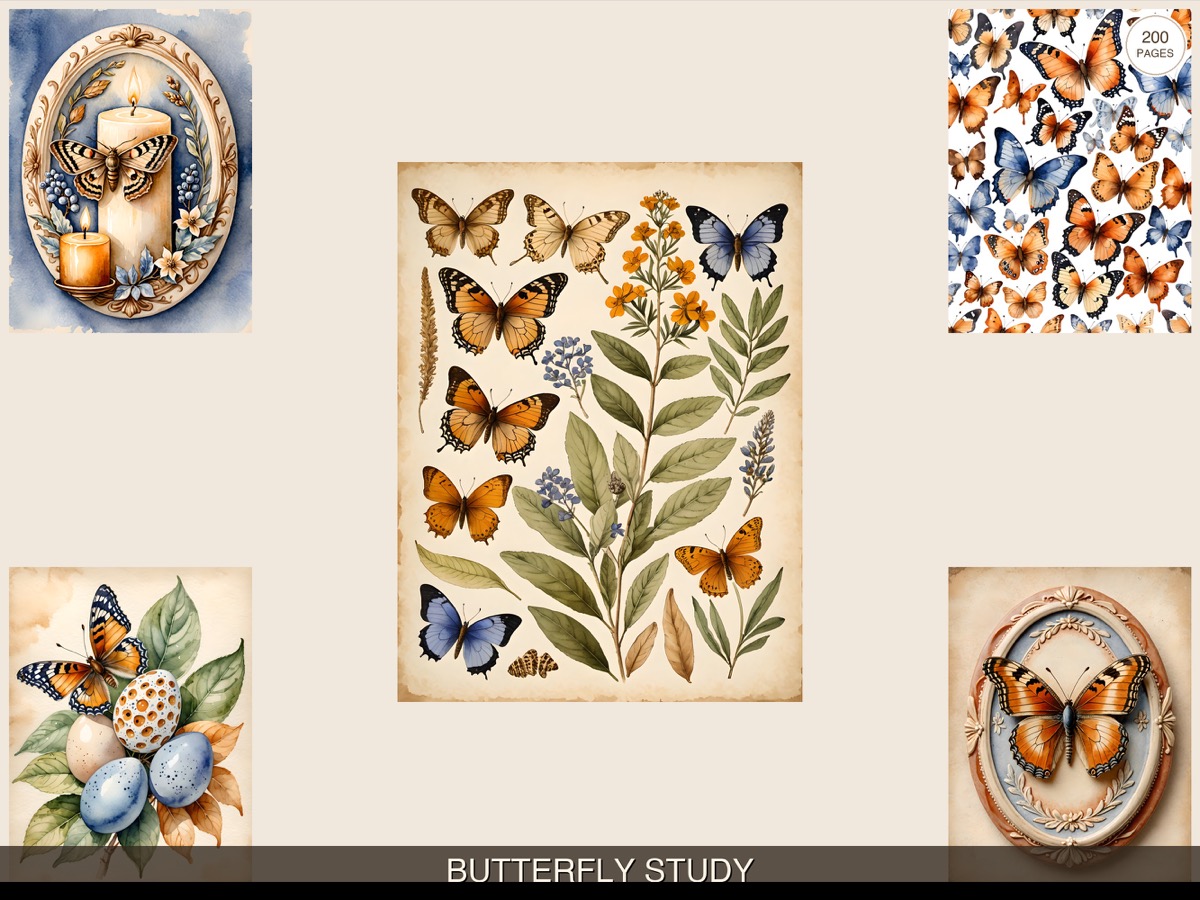 Real Butterfly Study listing composition with labels and aged paper
