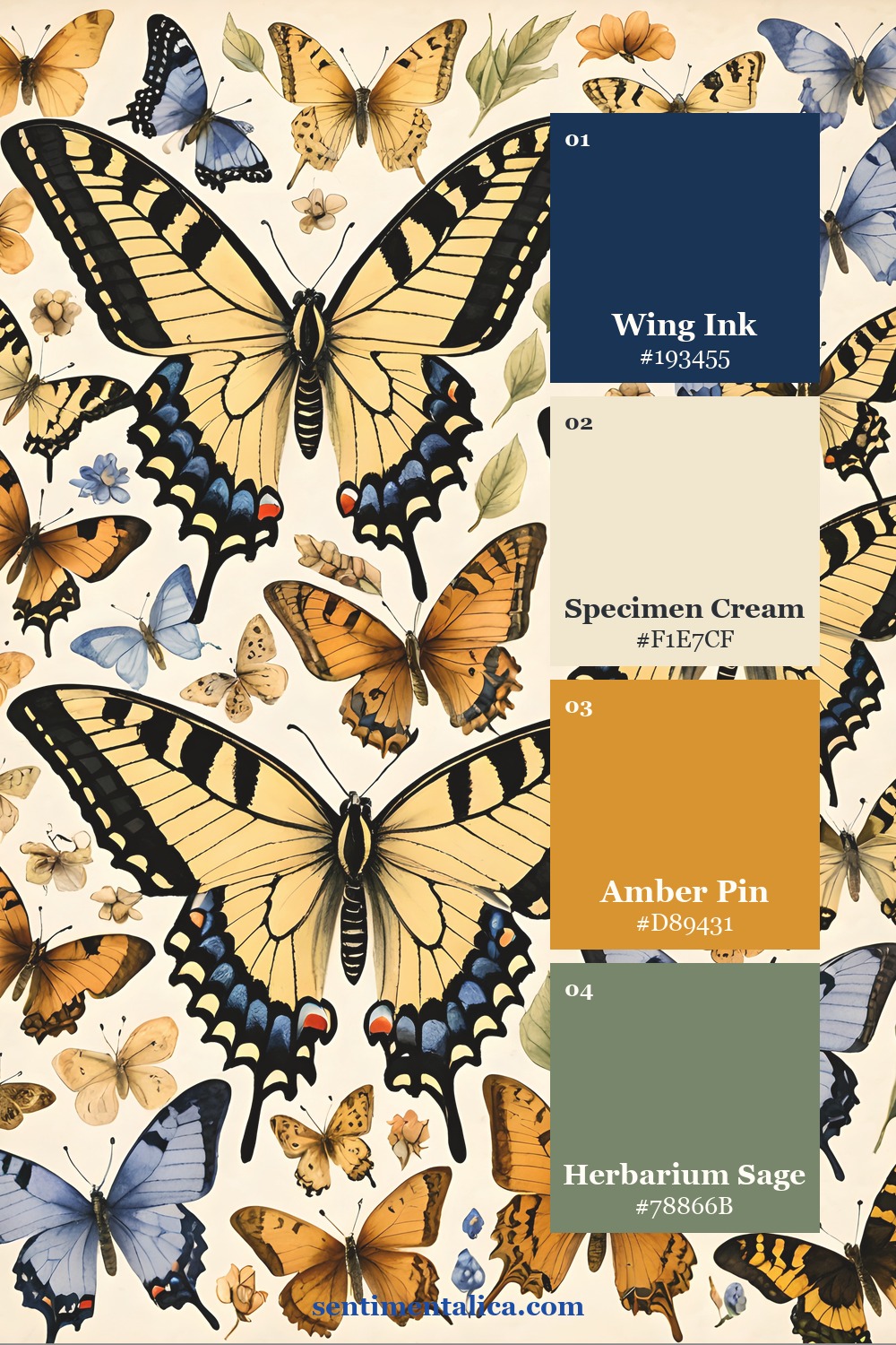 Butterfly Study palette with specimen cream, pressed parchment, moth wing taupe and amber pin