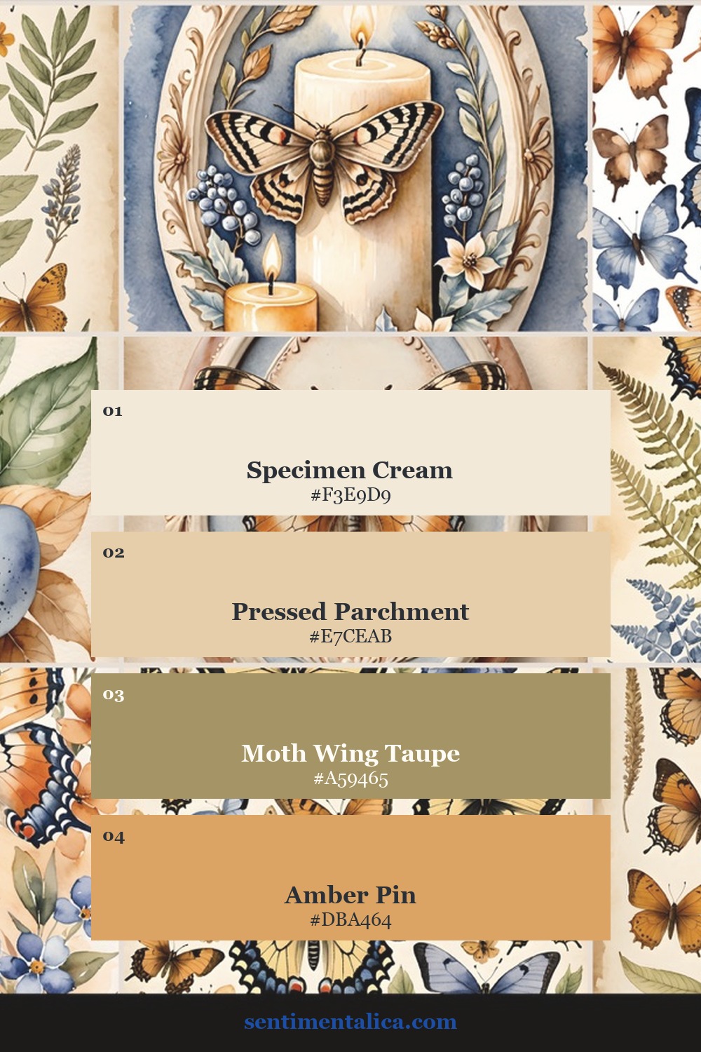 Butterfly Study palette with specimen cream, pressed parchment, moth wing taupe and amber pin