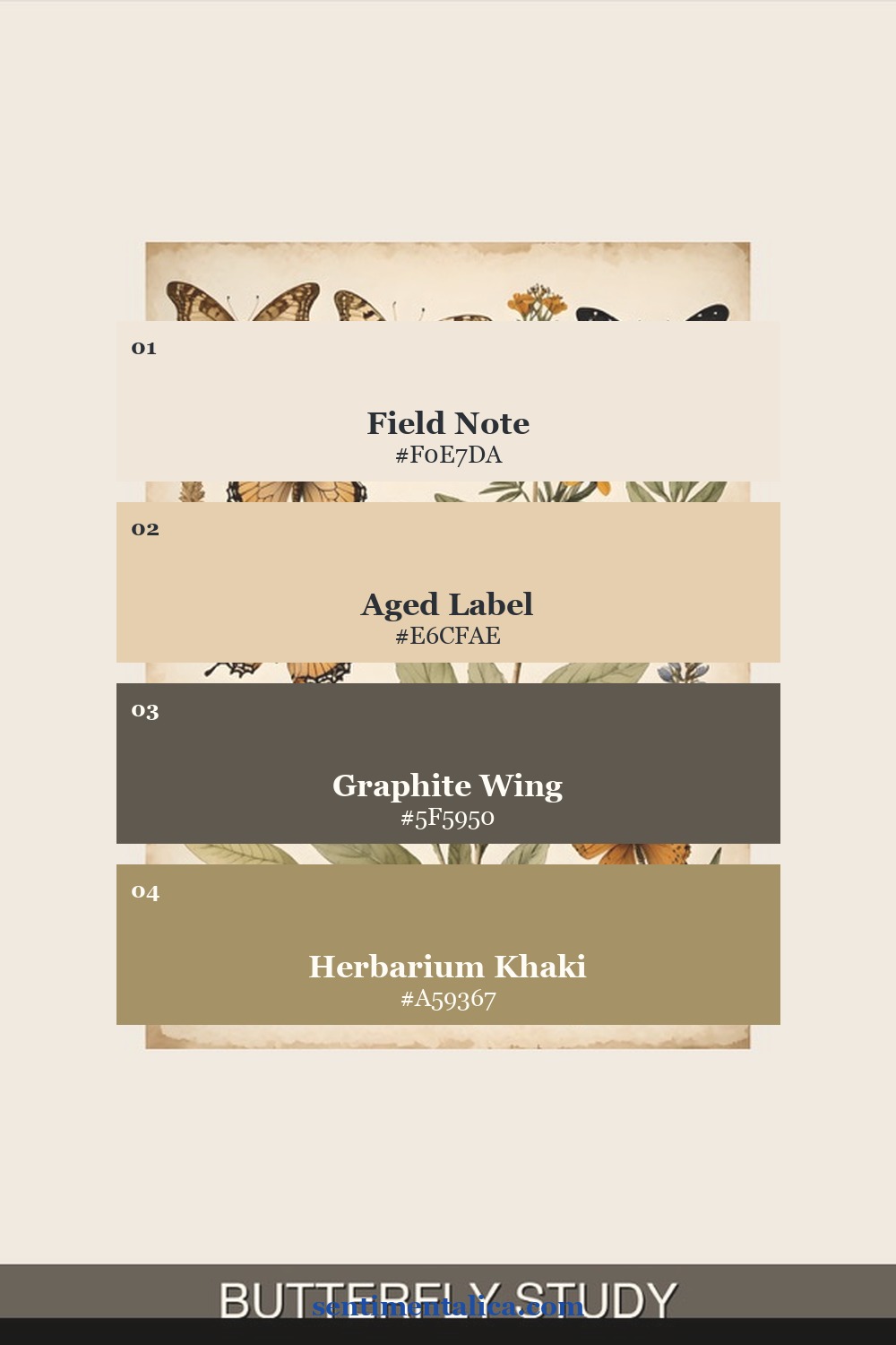 Butterfly Study palette with field note cream, aged label, graphite wing and herbarium khaki