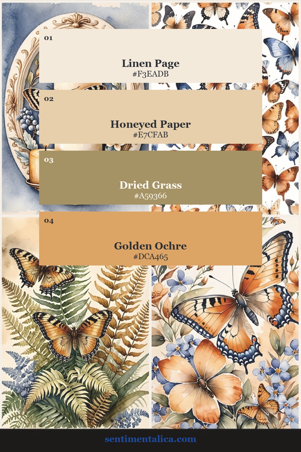 Butterfly Study palette with linen page, honeyed paper, dried grass and golden ochre