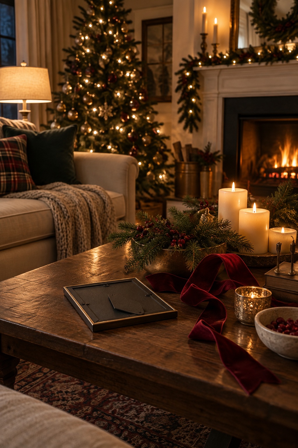 Calm Christmas sitting room with a lit tree, simple greenery, and open space around the family photographs.