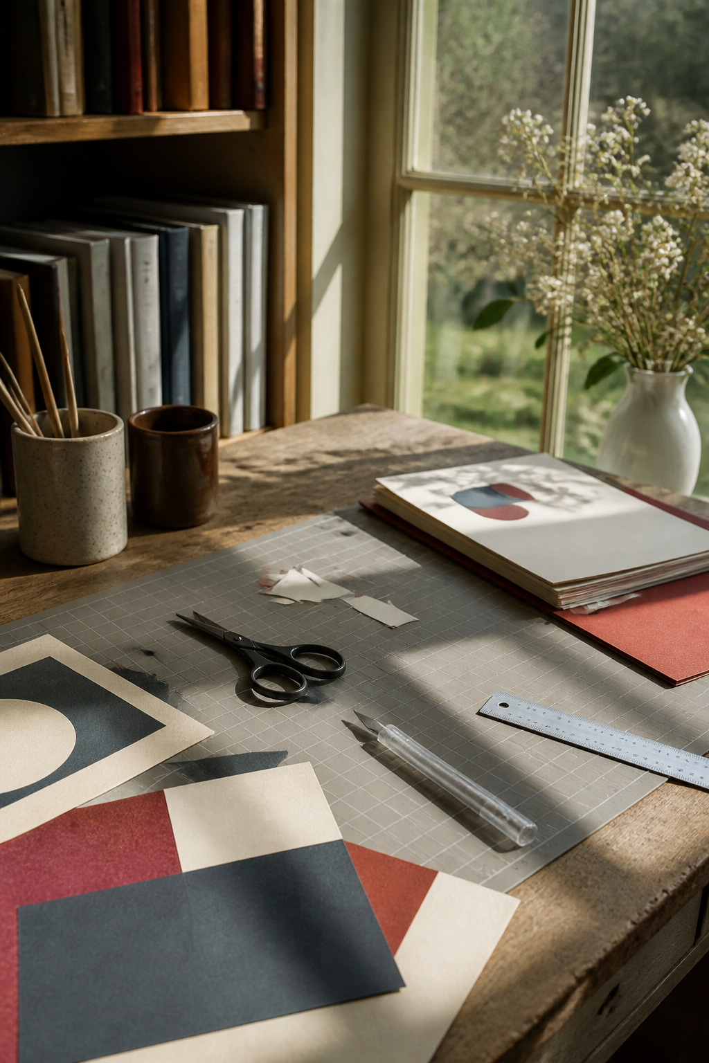 Clean craft desk with scissors cutting mat ruler and paper shapes