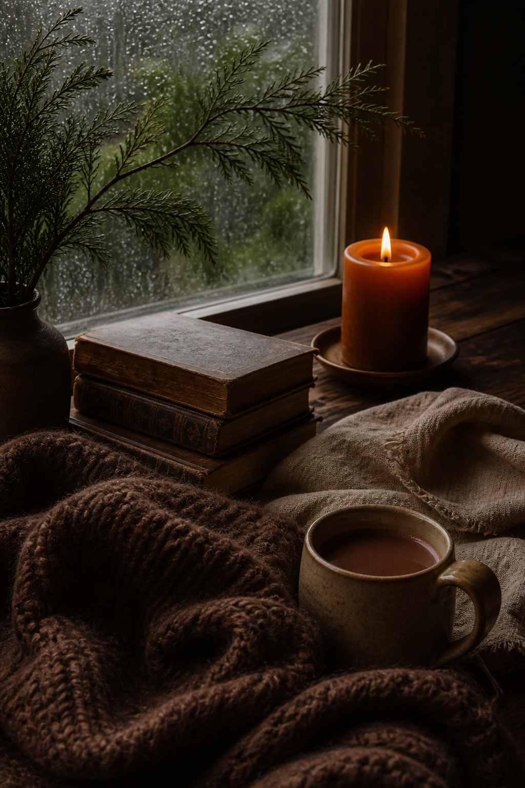 Rainy reading nook with cocoa wool, oat linen, moss branches, old books, and an ember candle