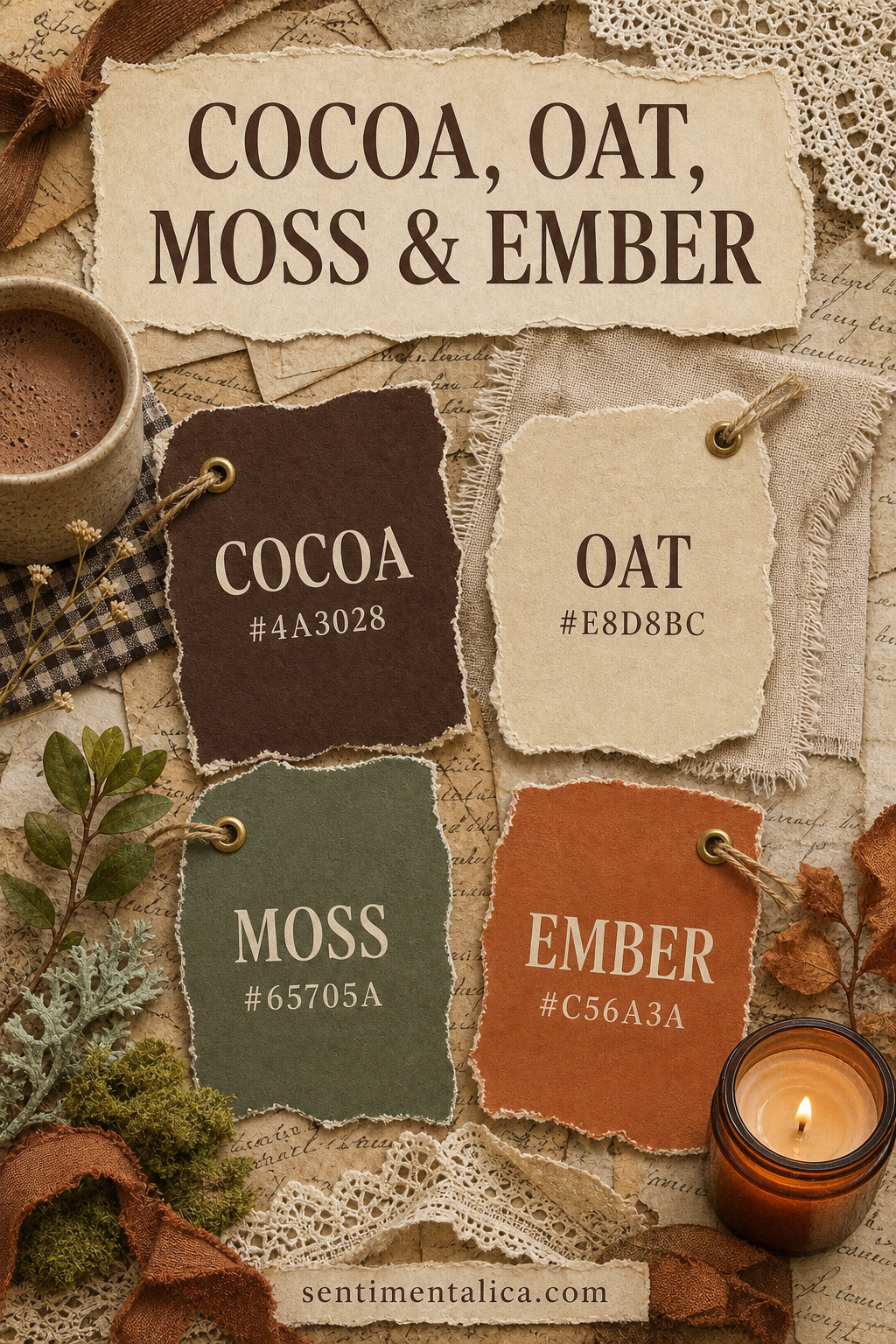 Cocoa, oat, moss, and ember color palette shown as tactile scrapbook tags with hex codes