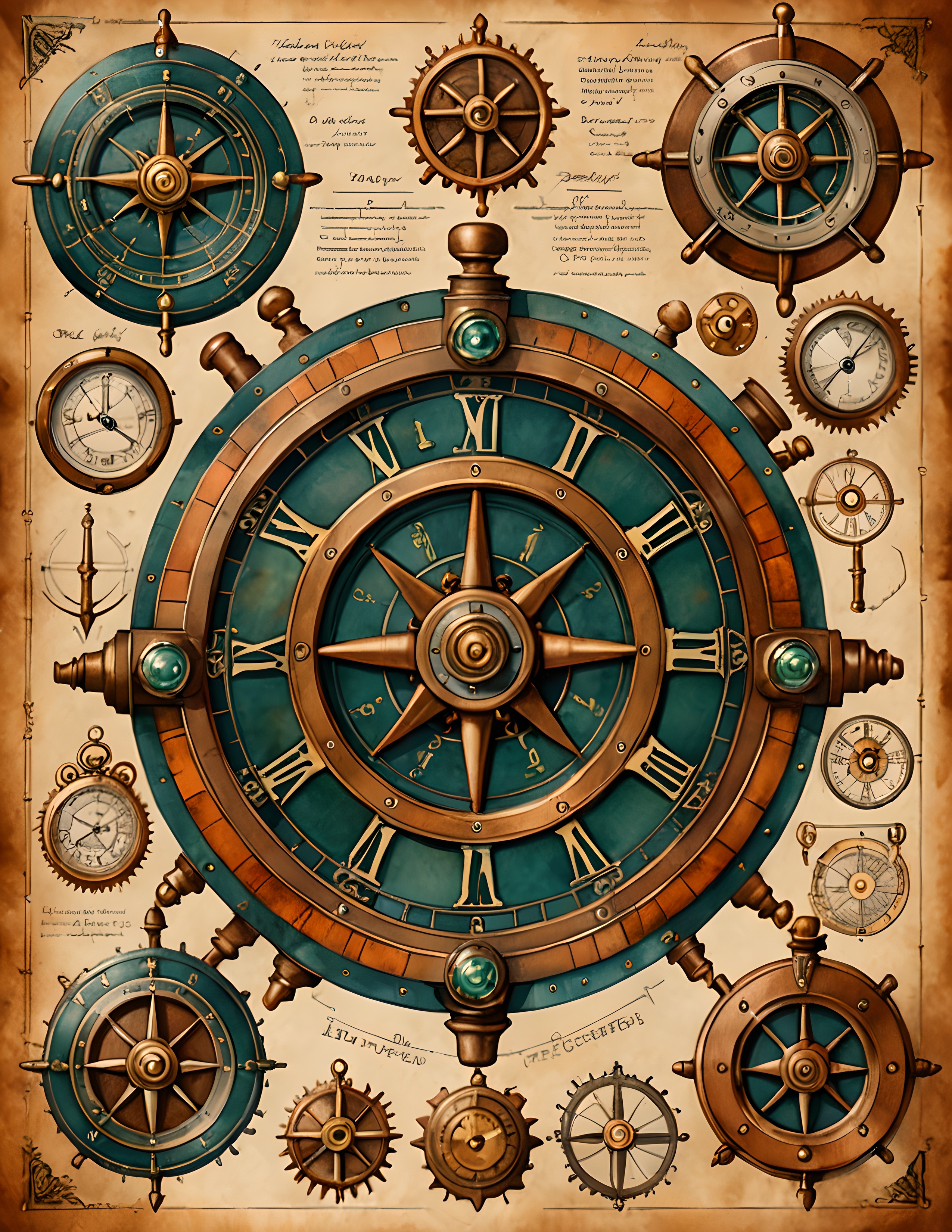 Real Brass Gears page with teal navigation instruments, copper machinery, and parchment