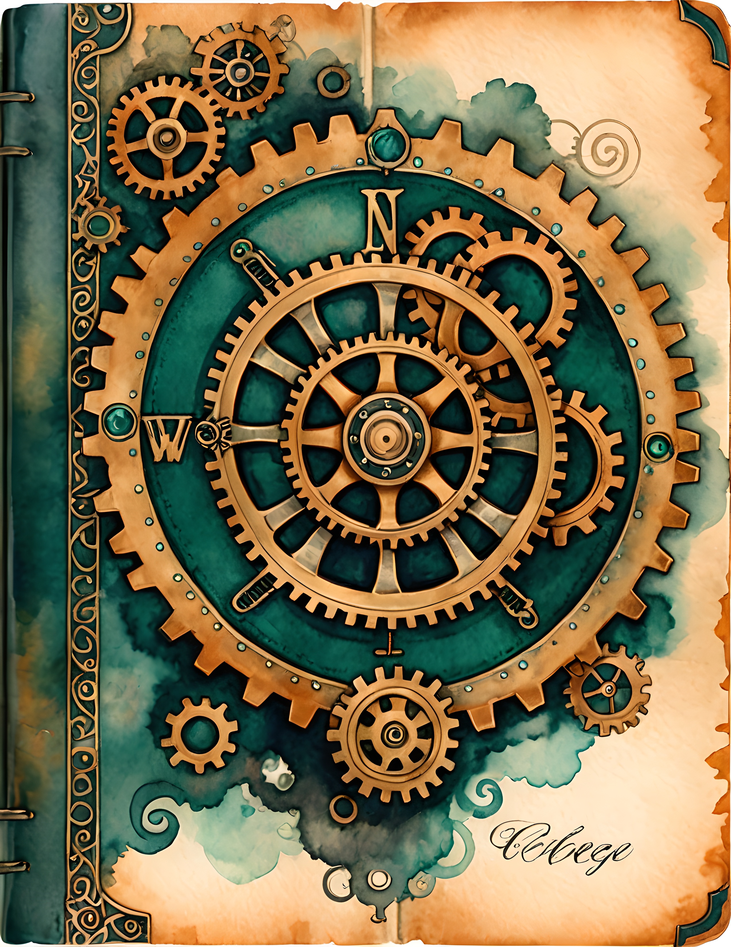 Real Brass Gears journal-cover page with copper gears over a teal watercolor field