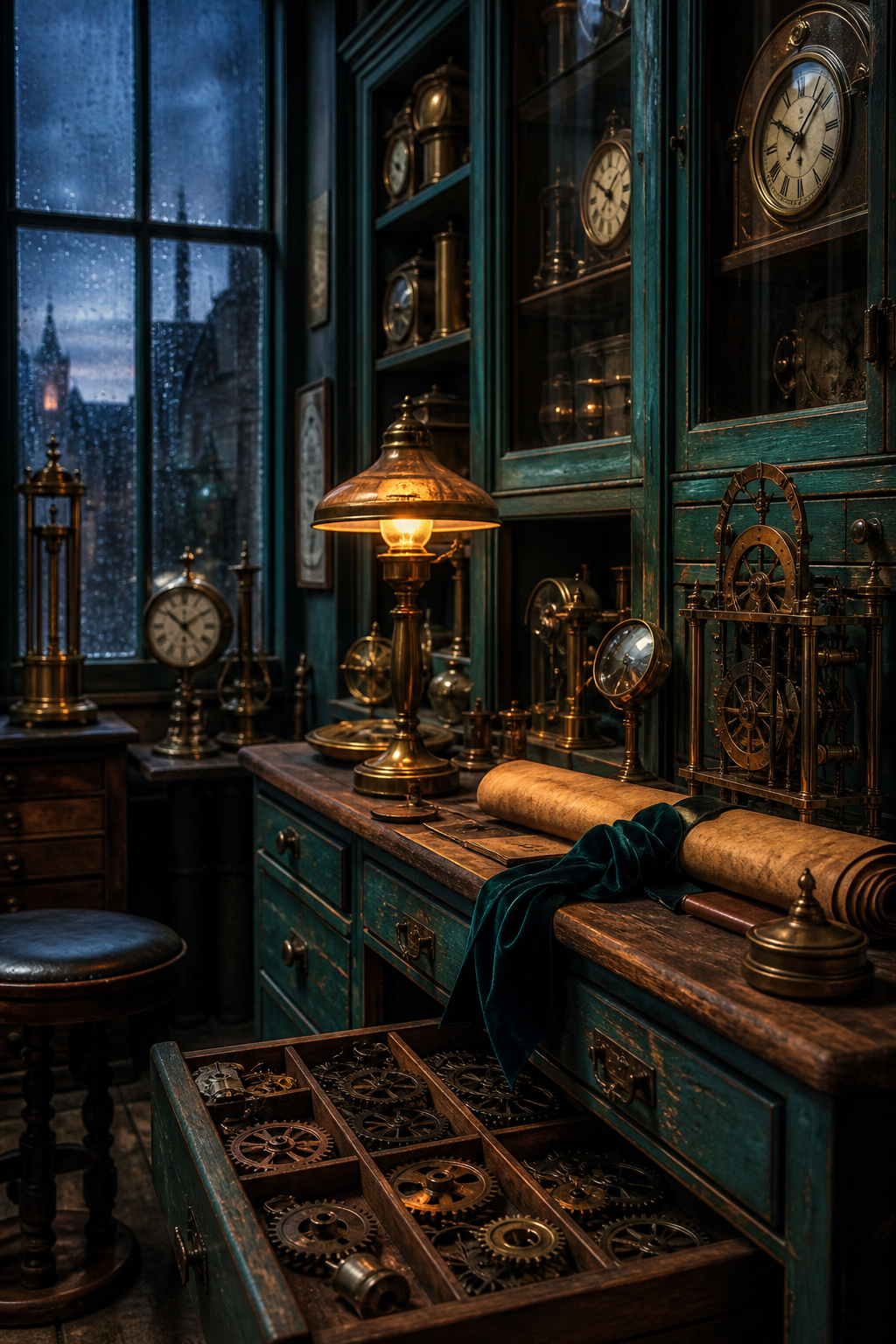 Rainy Victorian clockmaker workshop with teal cabinets, brass clocks, copper gears, parchment, and amber lamplight