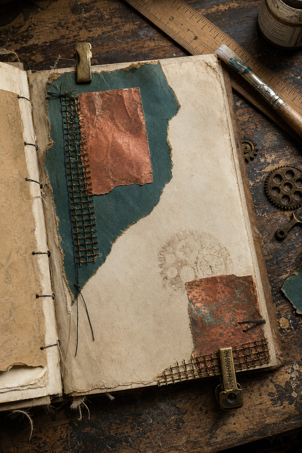 Steampunk journal process with parchment, deep teal, aged copper scraps, brass mesh, ruler, brush, and loose gears