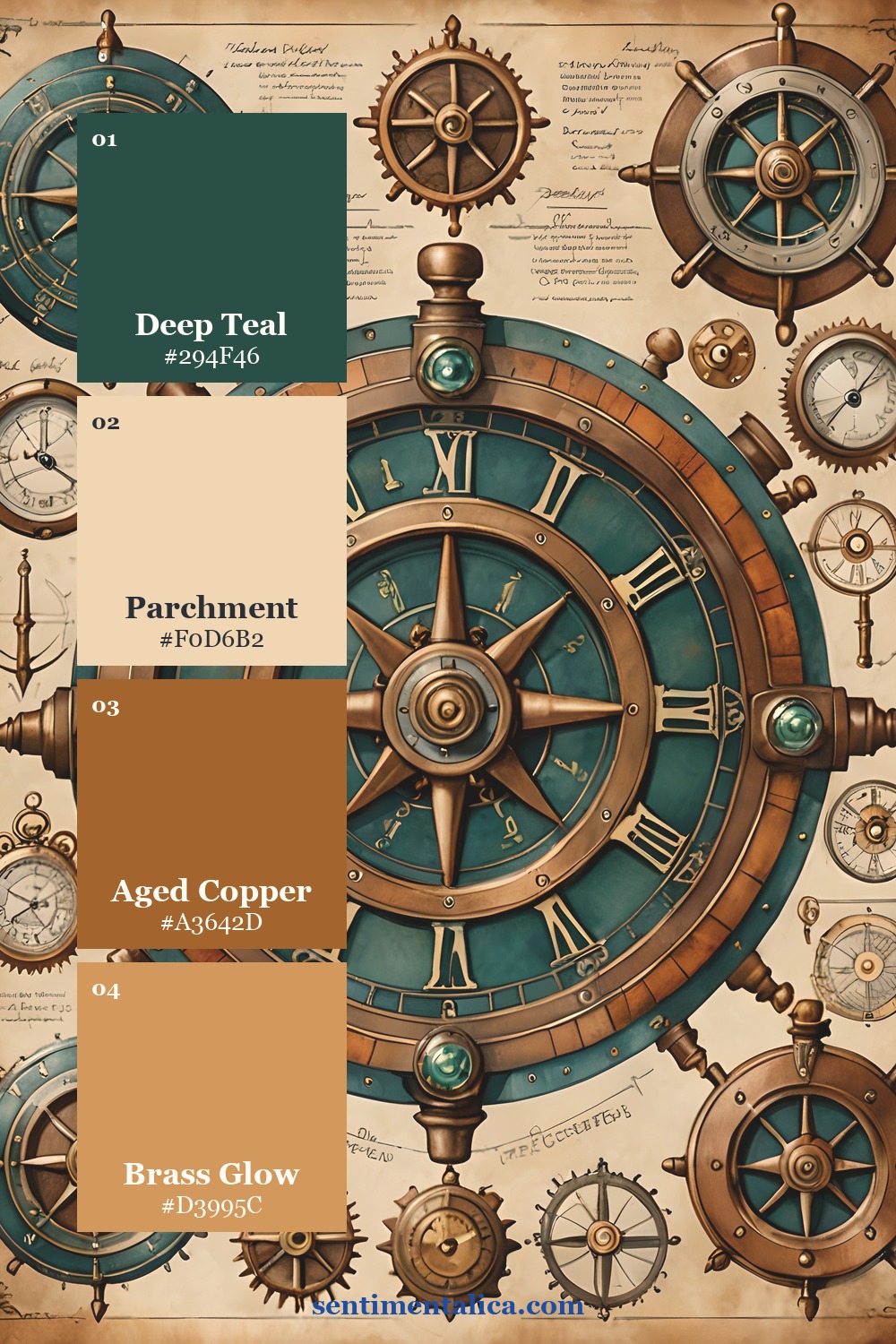 Clockwork compass palette with deep teal, parchment, aged copper, and brass glow