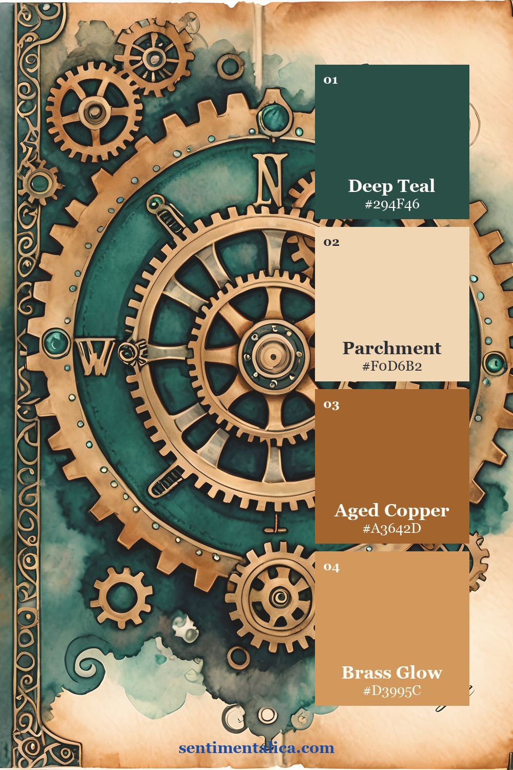 Clockwork cover palette with deep teal, parchment, aged copper, and brass glow