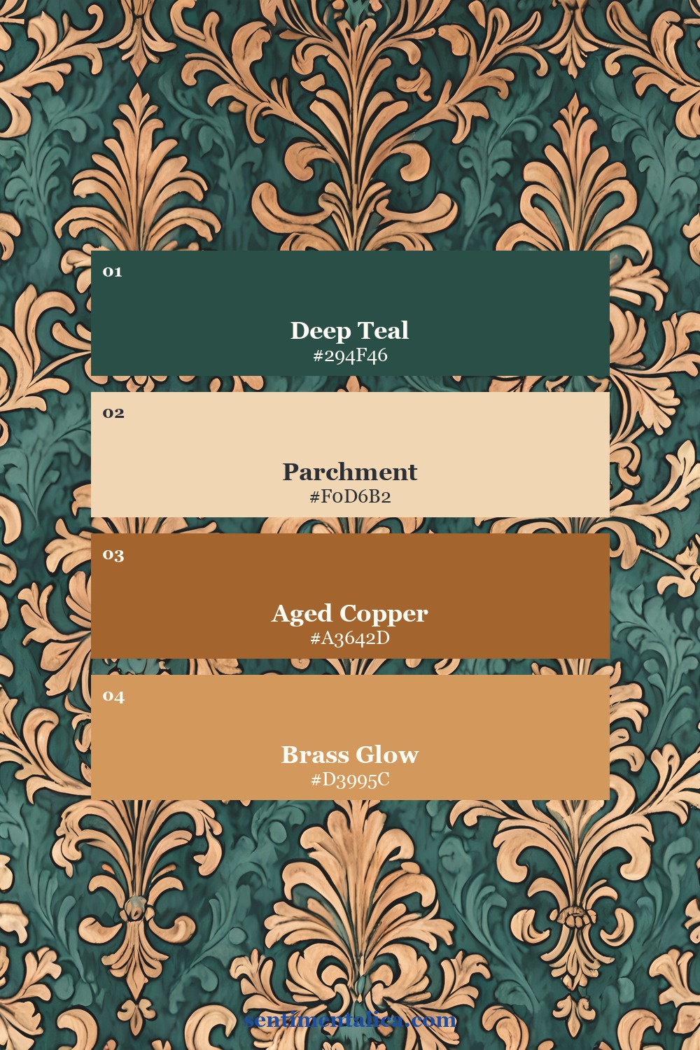Copper and teal pattern palette with parchment and brass highlights