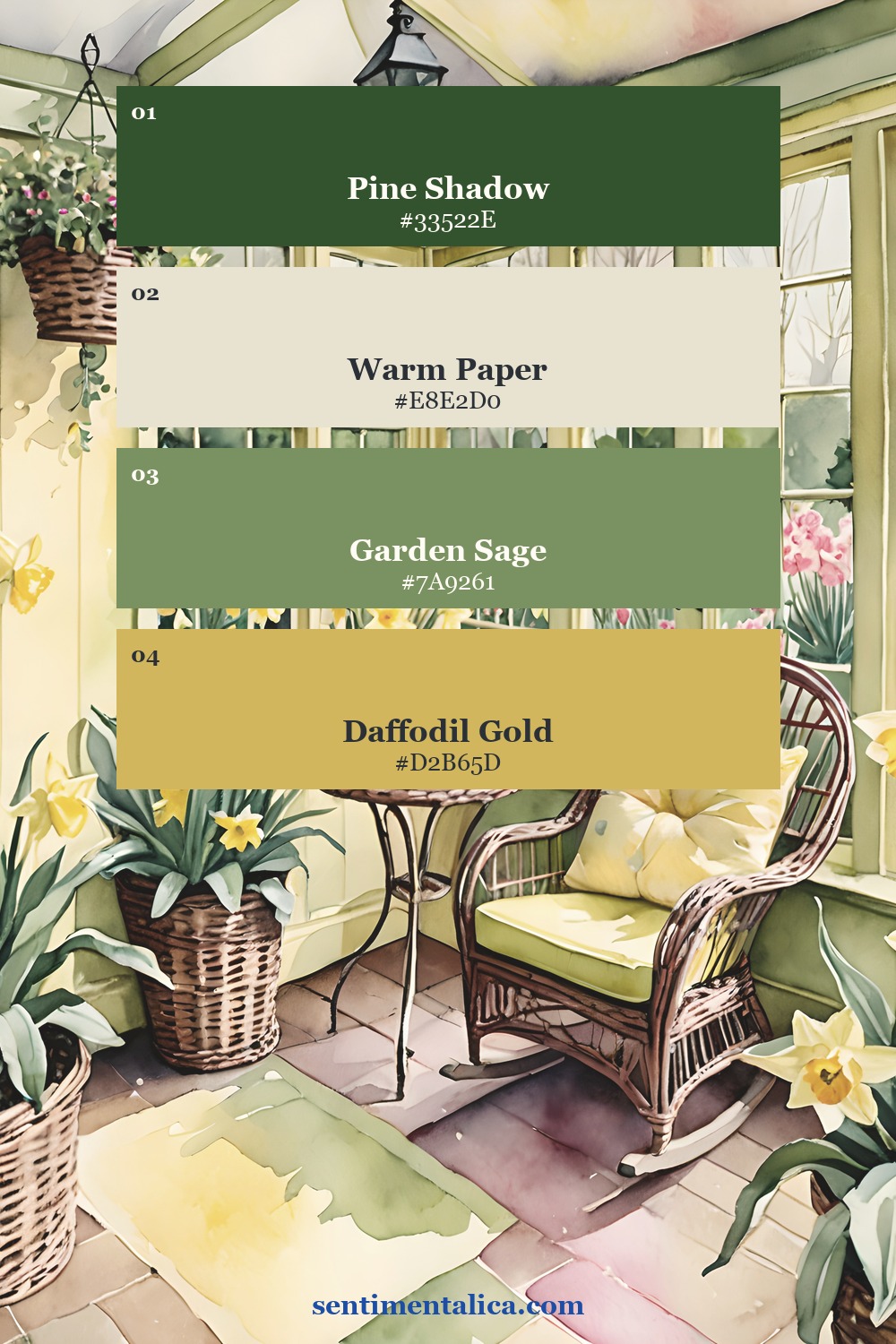 Cottage Bloom palette with pine shadow warm paper garden sage and daffodil gold