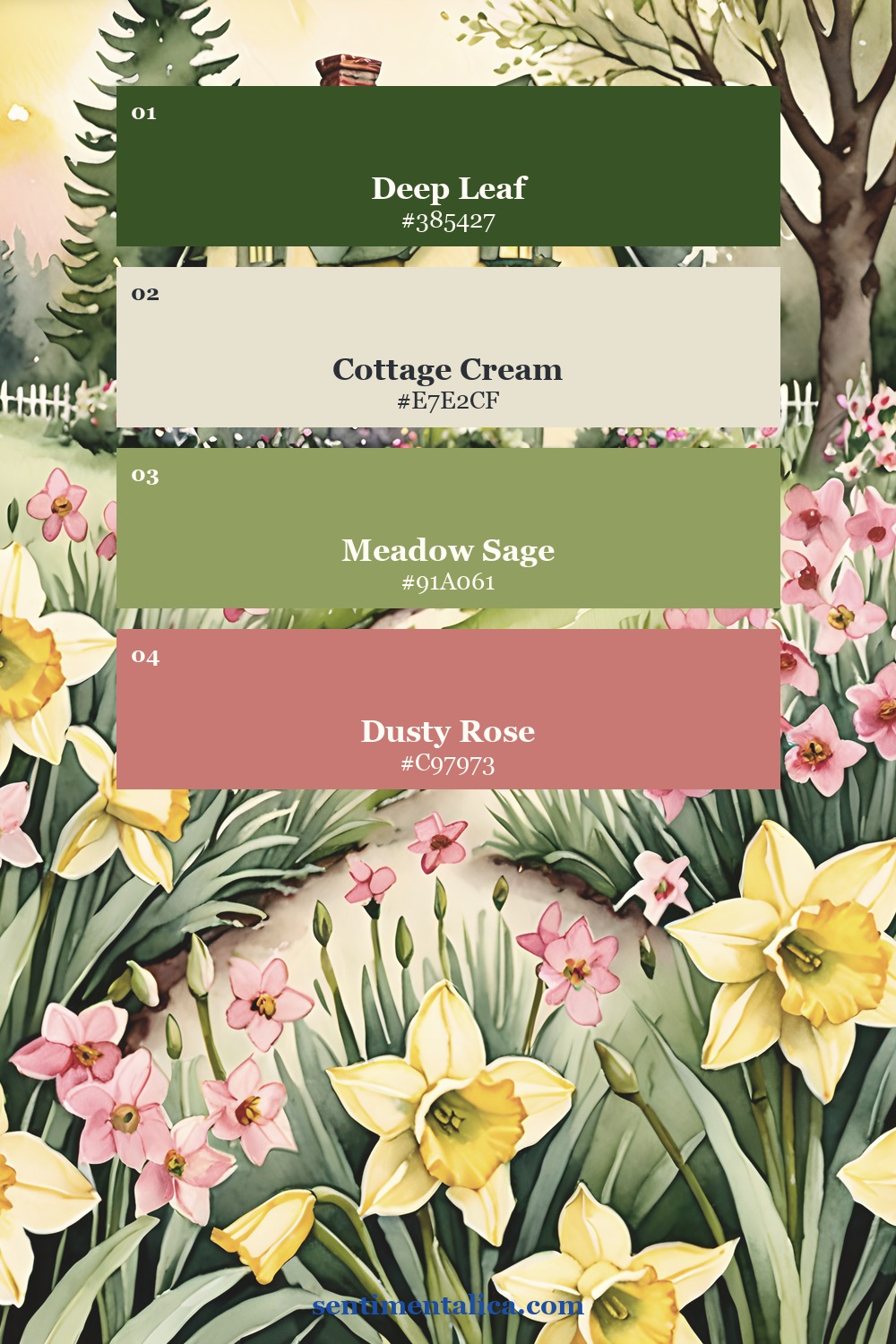 Cottage Bloom palette with deep leaf cottage cream meadow sage and dusty rose