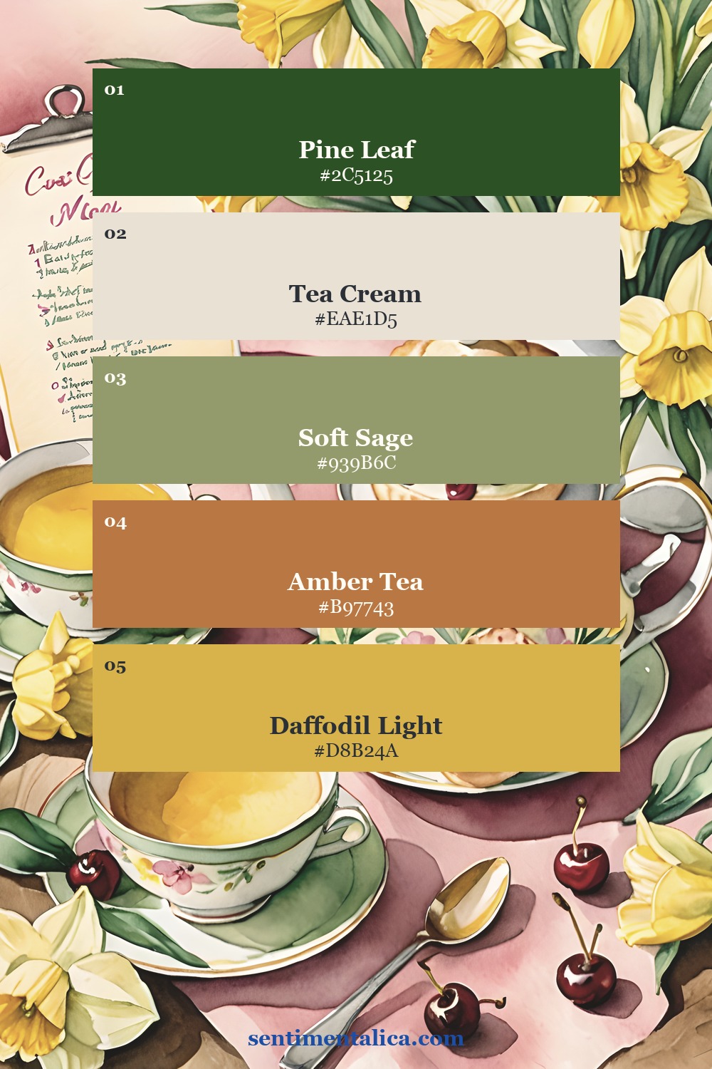 Cottage Bloom tea table palette with pine leaf tea cream soft sage amber tea and daffodil light