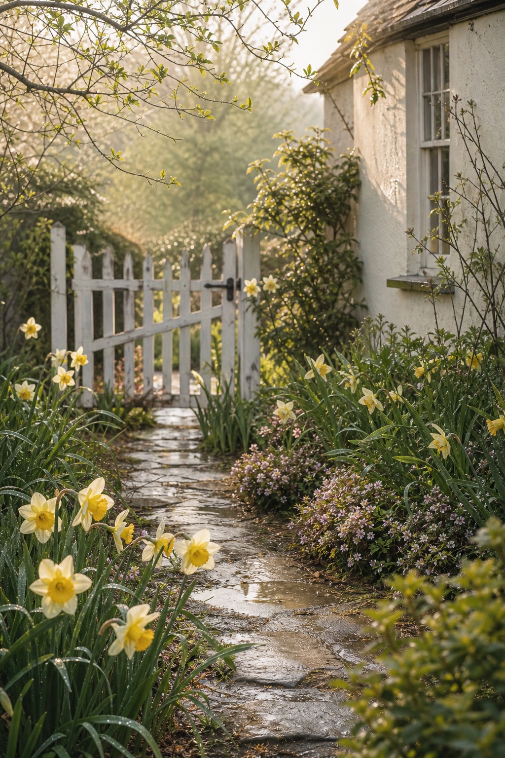 Early morning cottage garden path with daffodils after rain