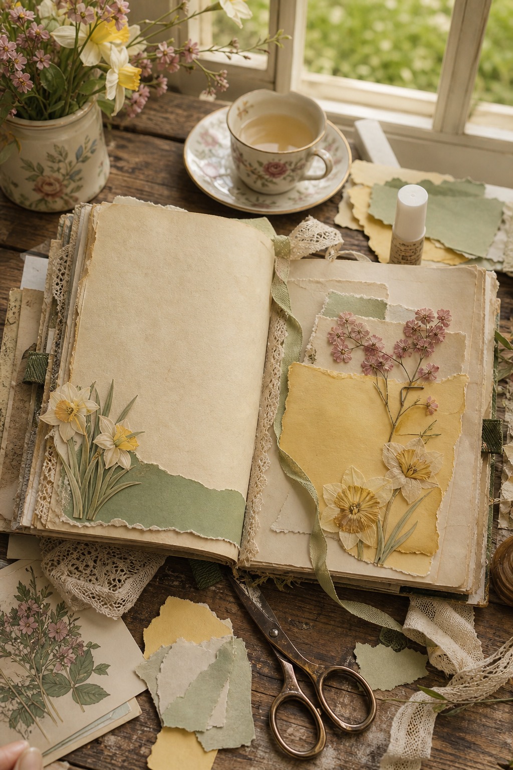Realistic cottage garden junk journal process scene with blank cream pages and yellow paper scraps