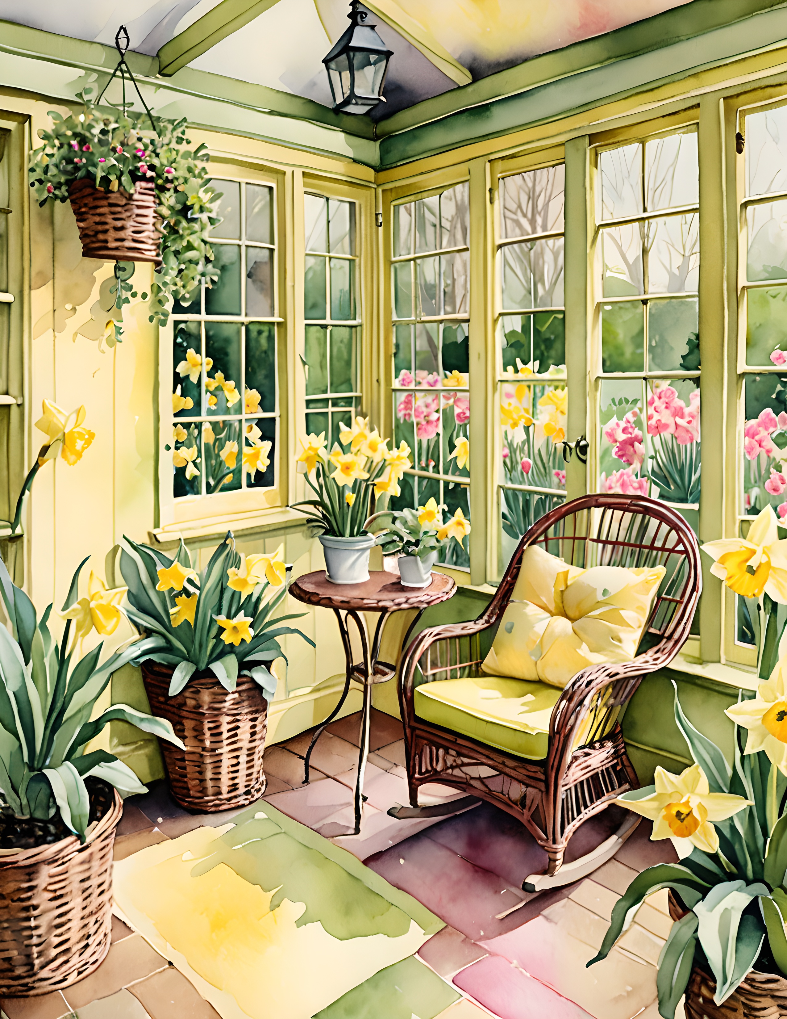 Cottage Bloom printable sunroom page with daffodils and green chair