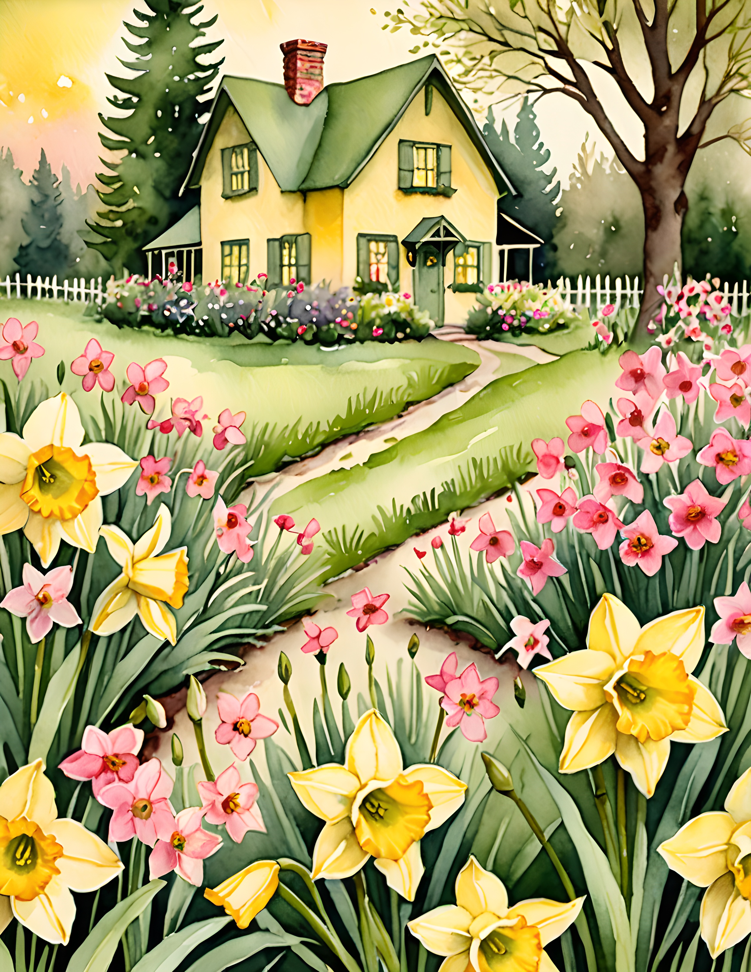 Cottage Bloom printable garden path page with daffodils and pink flowers