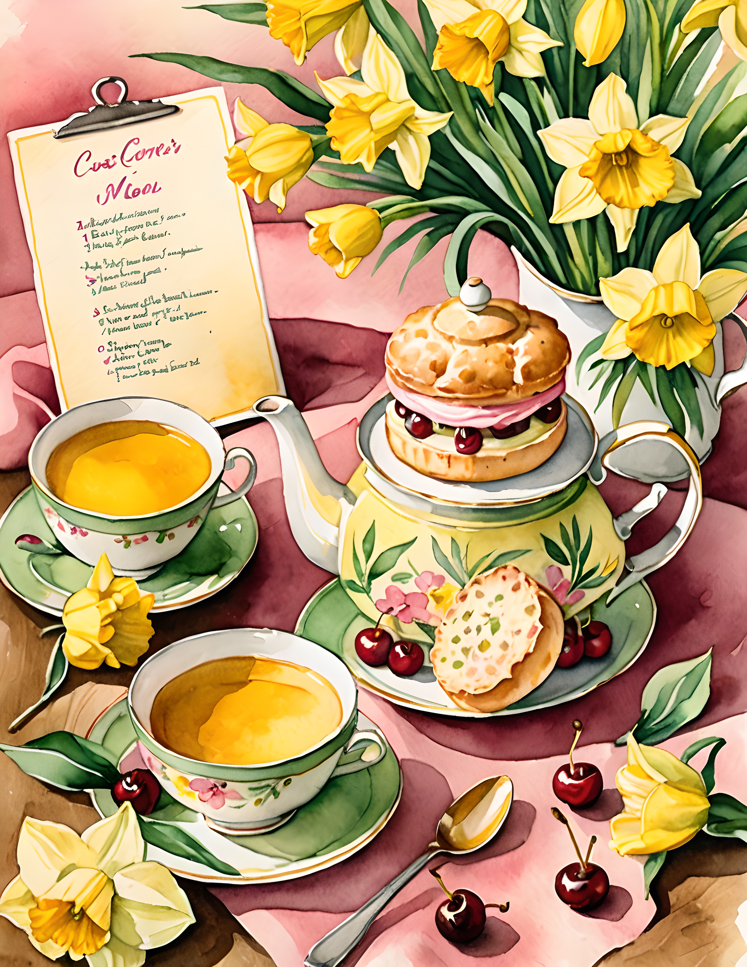 Cottage Bloom printable tea table page with daffodils and soft green paper