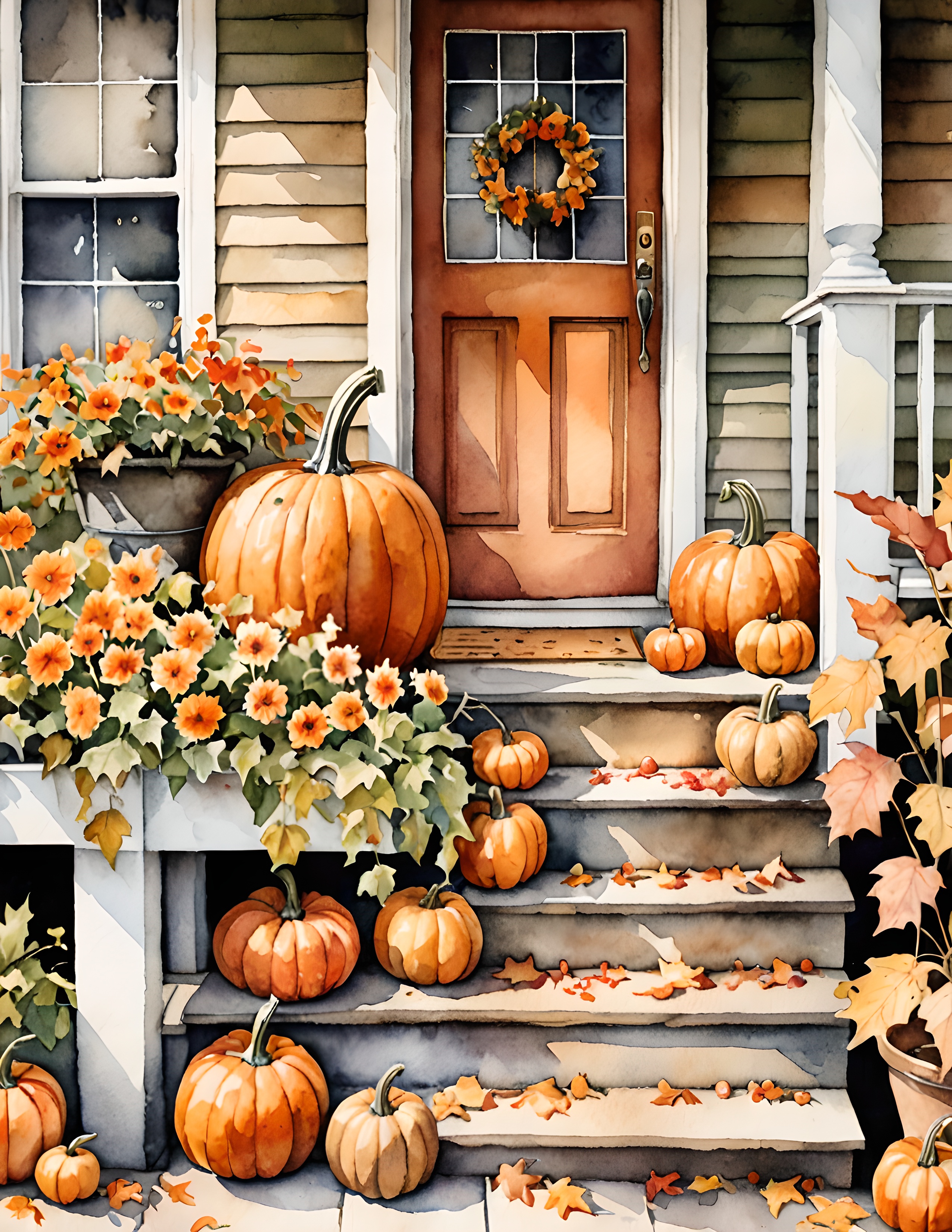 Original Cozy Autumn printable page with an orange cottage doorway