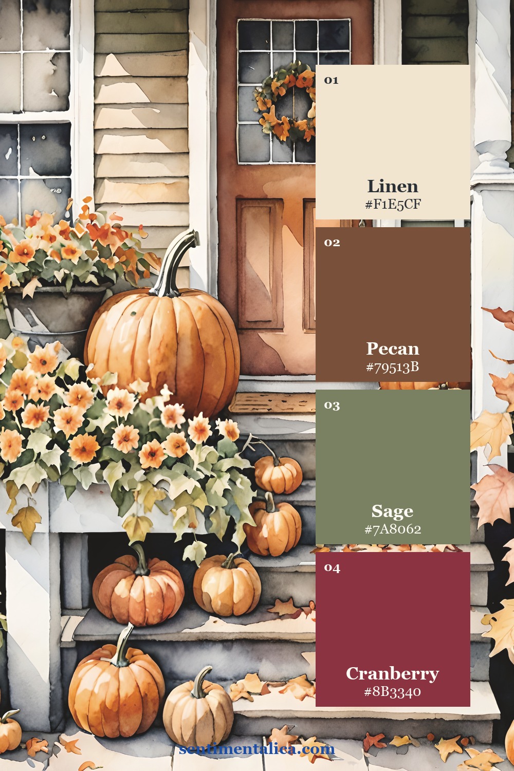 Labeled four-color palette for cranberry, sage, pecan and linen for thanksgiving pages