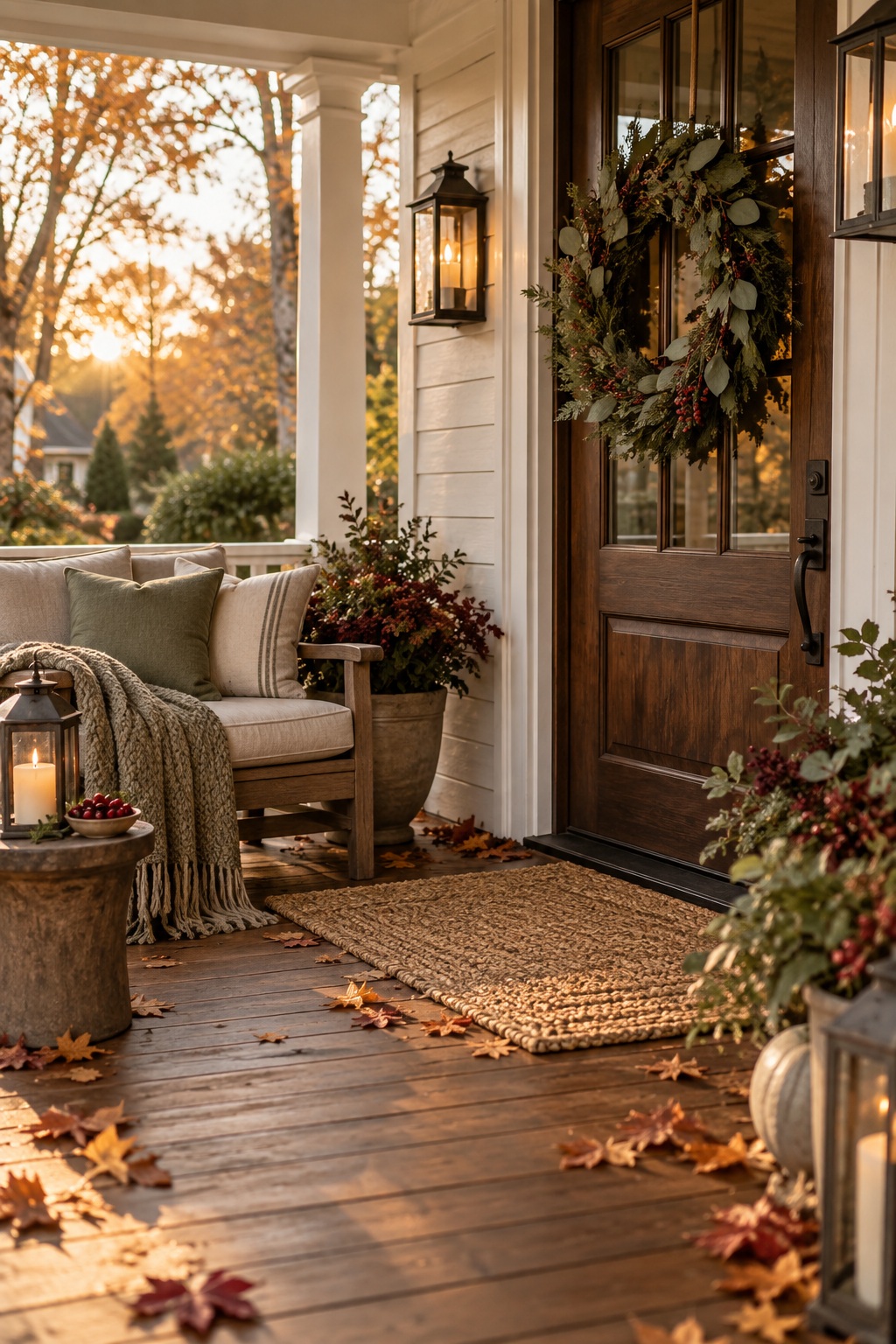 American fall porch arranged in cranberry, sage, pecan brown, and natural linen tones.