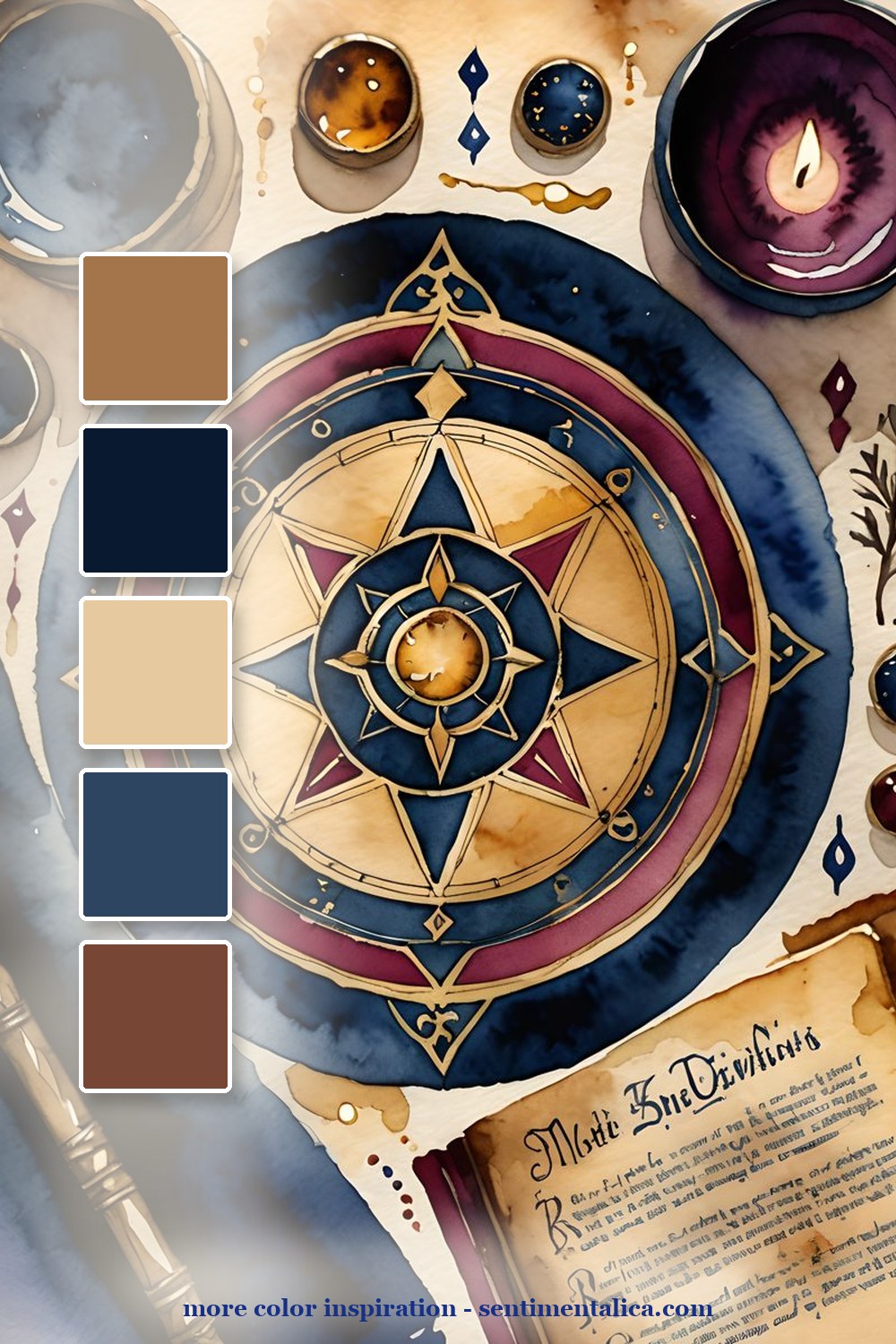 Saveable color palette for dark academia journal pages with candlelit color with square swatches and sentimentalica.com