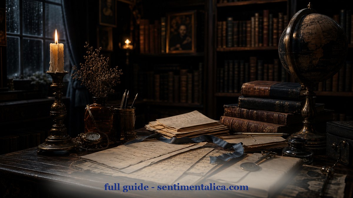 Thin atmospheric scene inspired by dark academia journal pages with candlelit color