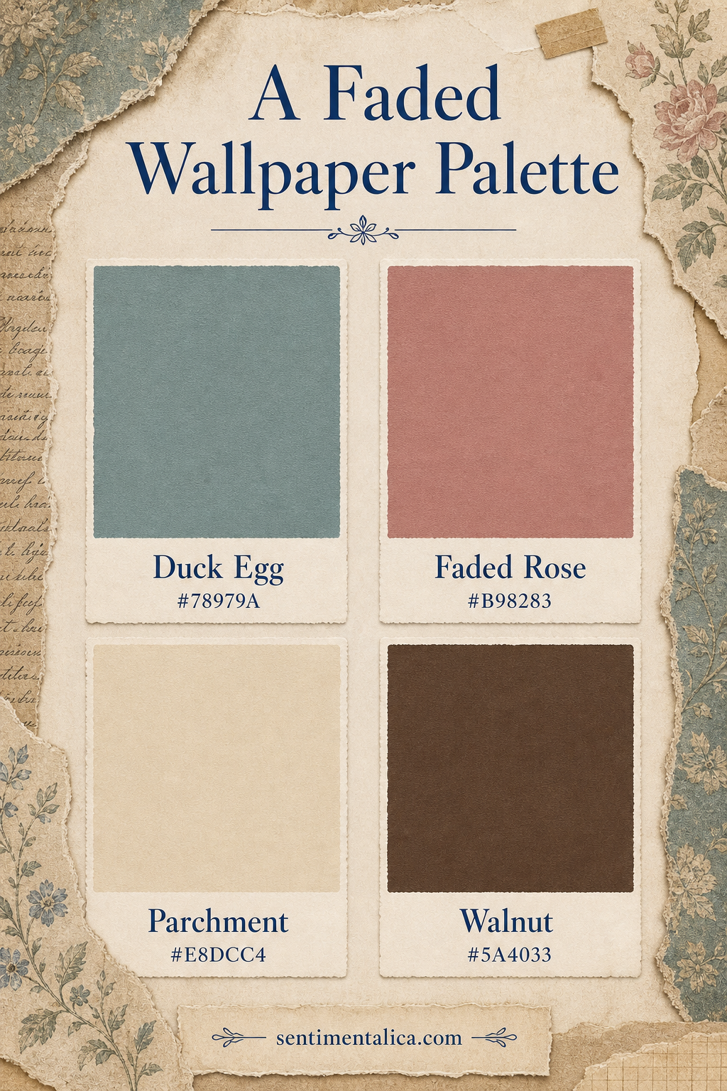Faded wallpaper palette with Duck Egg Faded Rose Parchment and Walnut