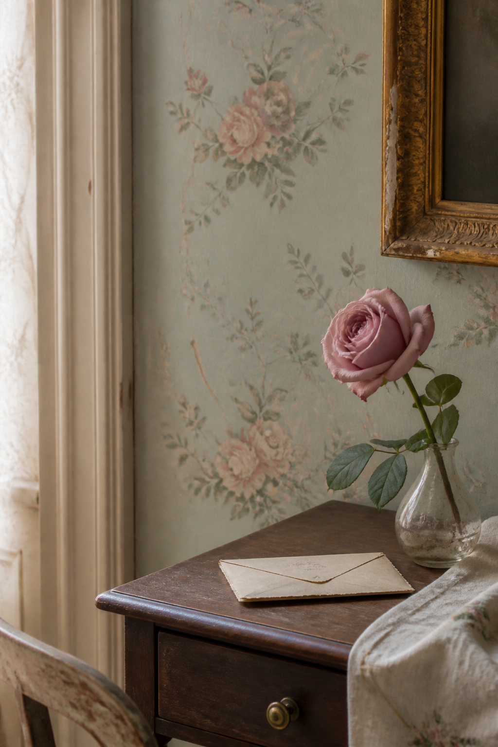 Old room corner with faded duck-egg floral wallpaper and dusty rose