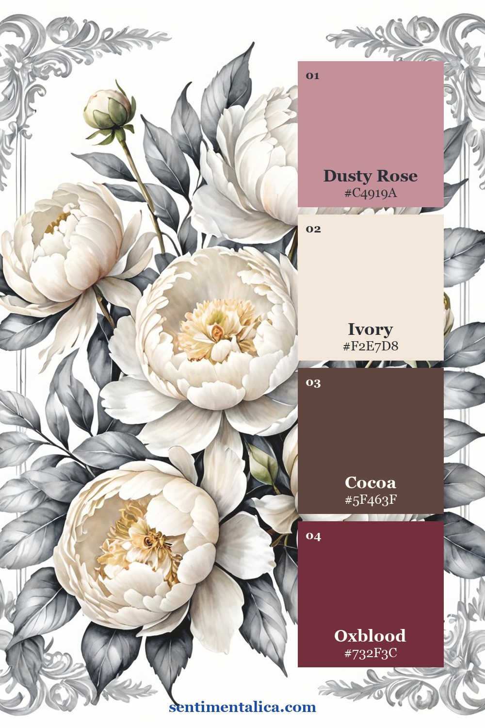Labeled four-color palette for dusty rose, oxblood, cocoa and ivory for valentine pages