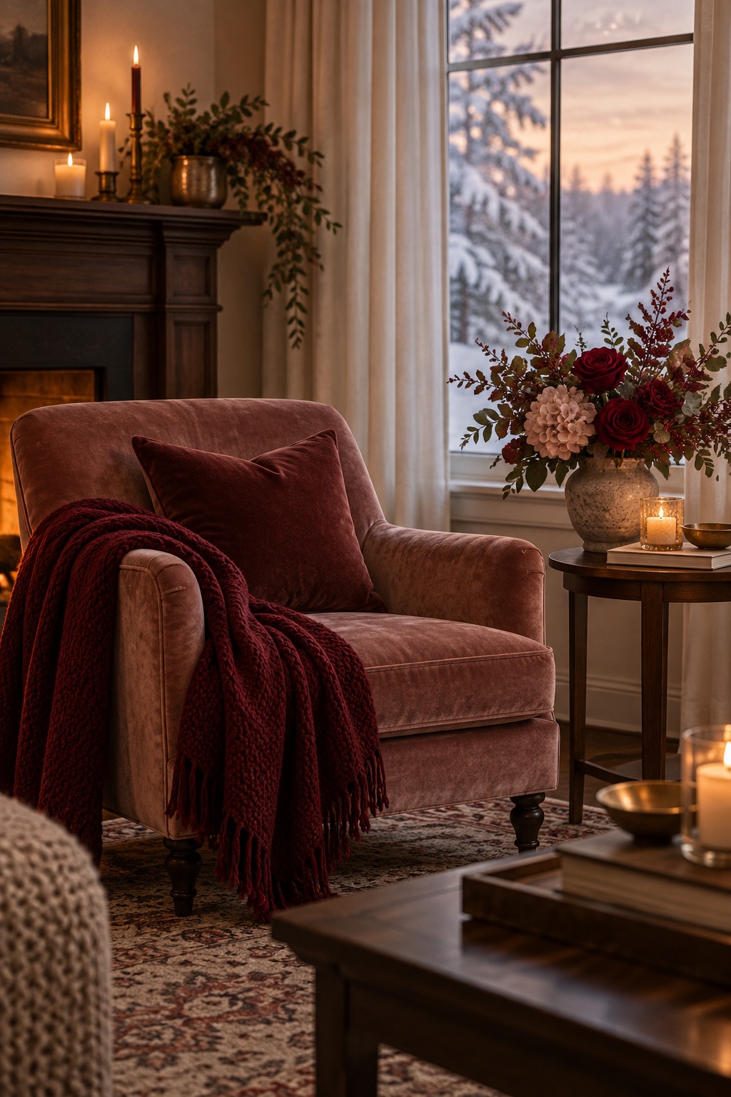 Mature Valentine interior with dusty rose velvet, oxblood wool, cocoa wood, ivory curtains, and February snow.