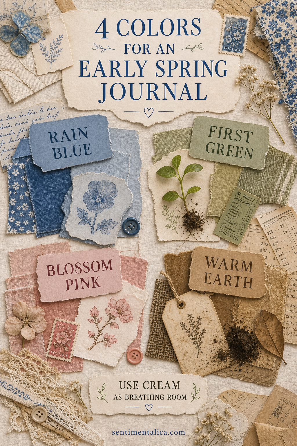 Four-color early spring journal palette with rain blue, first green, blossom pink, and warm earth
