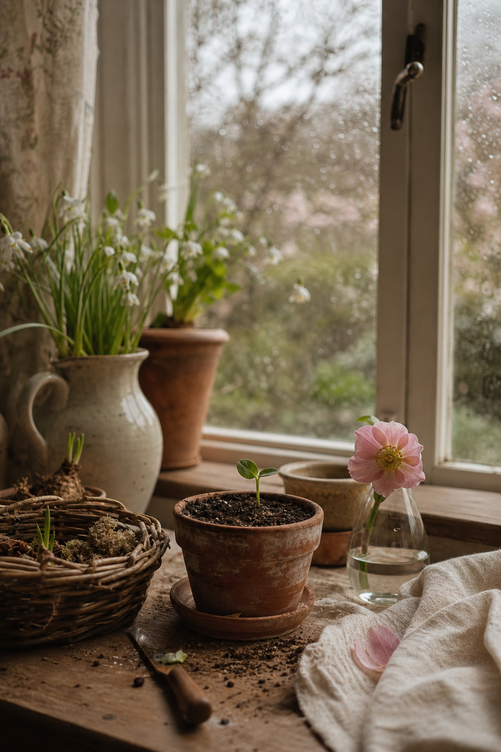 Early spring window with rainy glass, seedling, pink blossom, terracotta, and cream linen