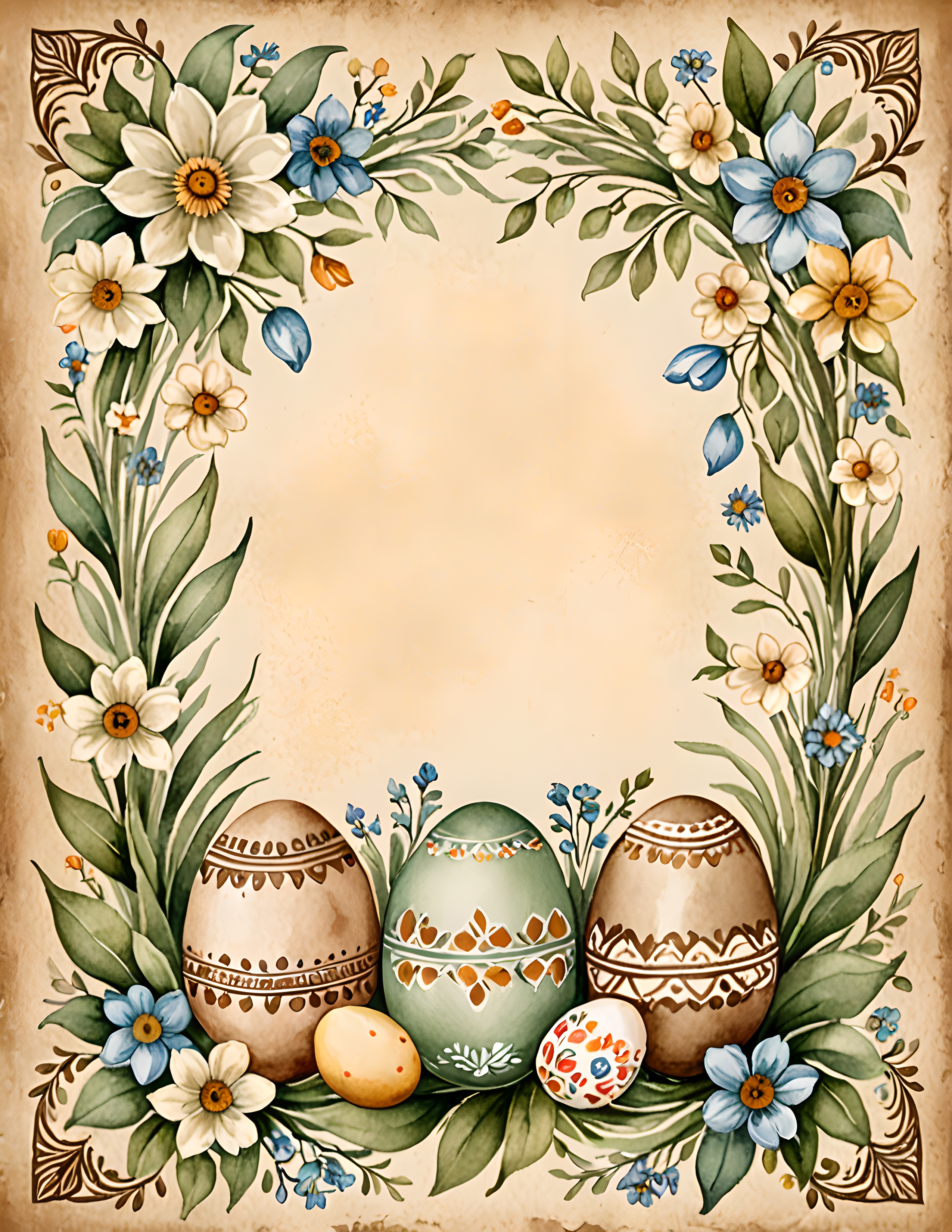 Real Antique Easter page with blue flowers, sage leaves, decorated eggs, and open journaling space