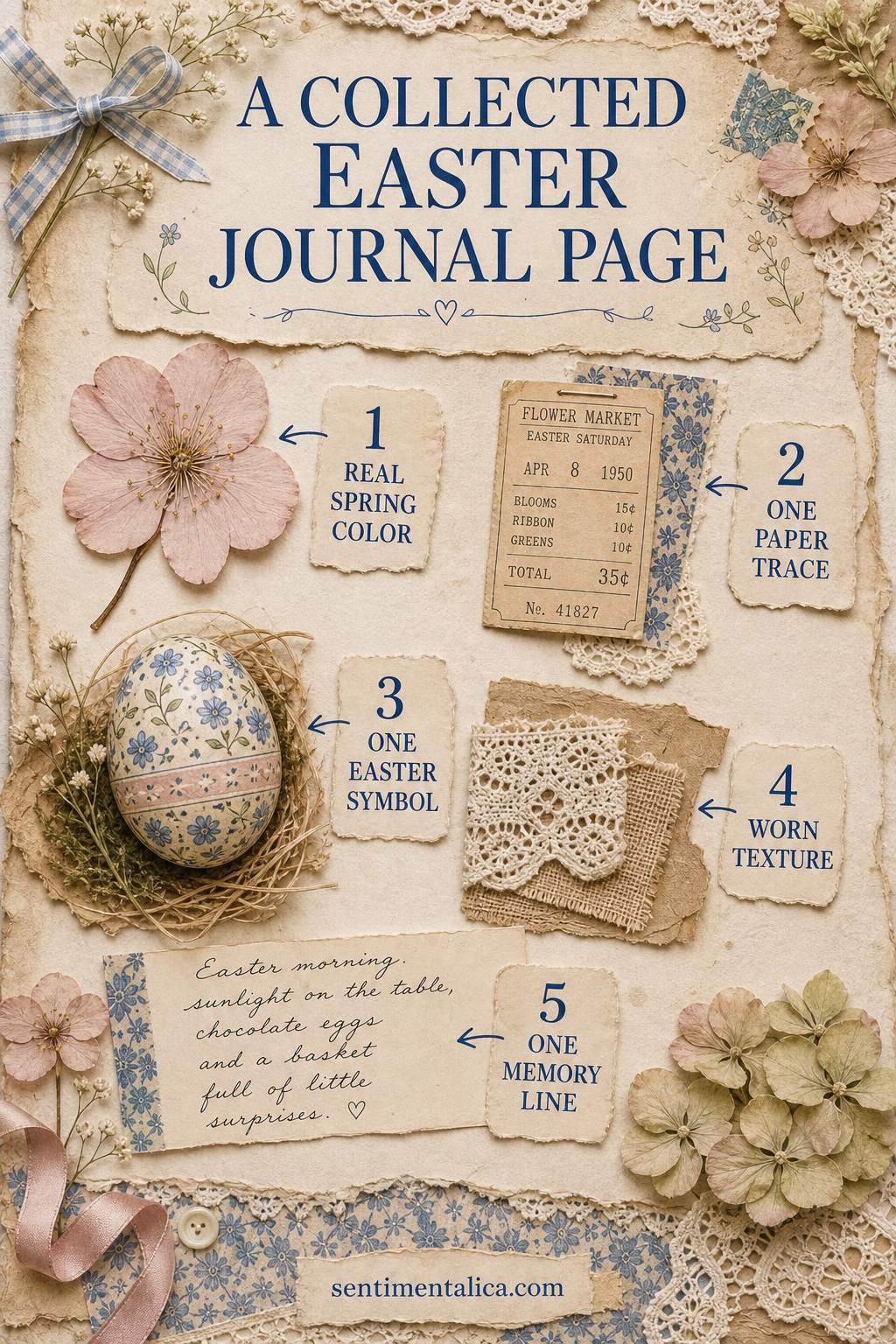 Infographic showing five layers for a collected Easter journal page: spring color, paper trace, Easter symbol, worn texture, and memory line