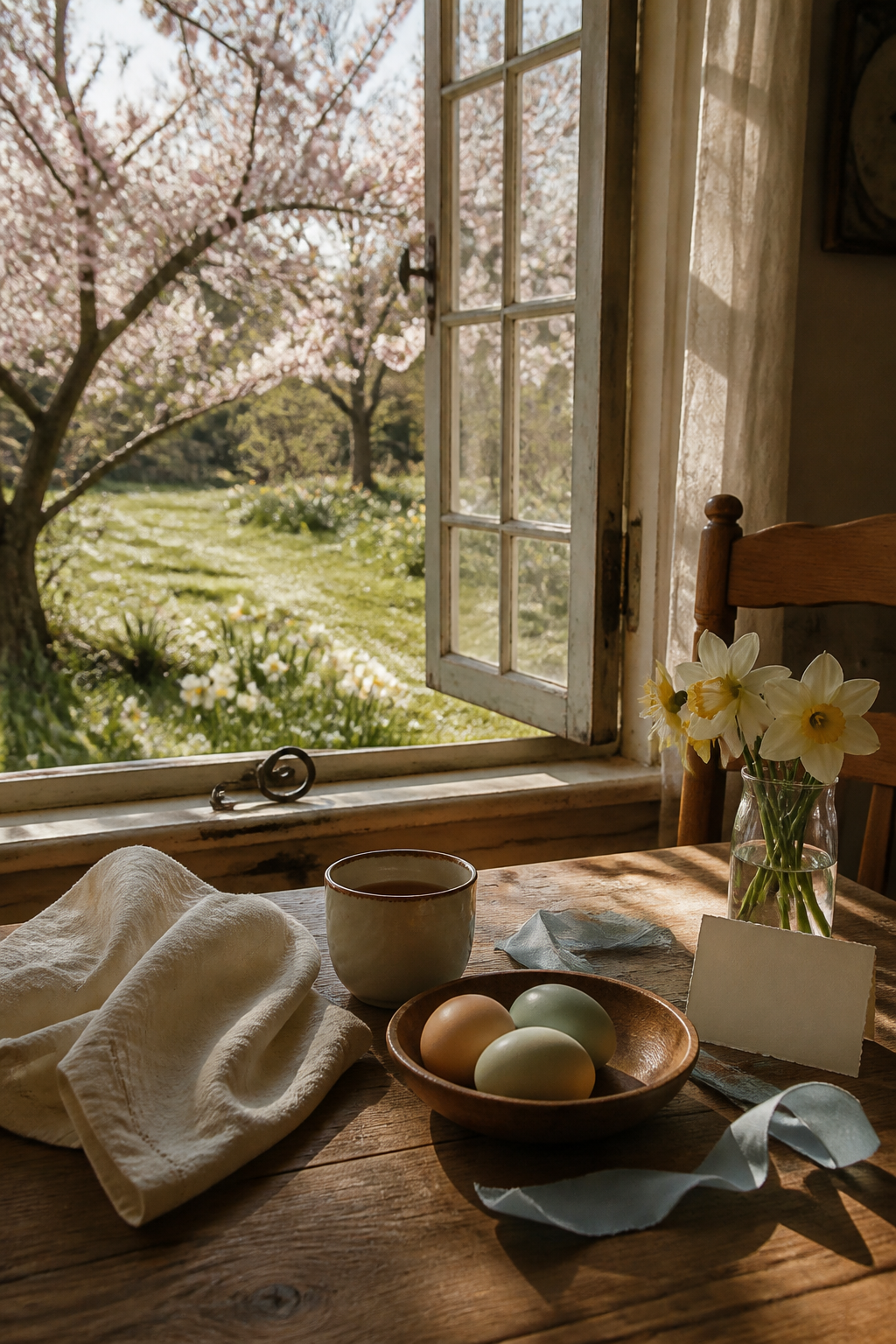 Quiet Easter morning beside an open window with orchard blossoms, daffodils, naturally dyed eggs, cream linen, and faded blue ribbon